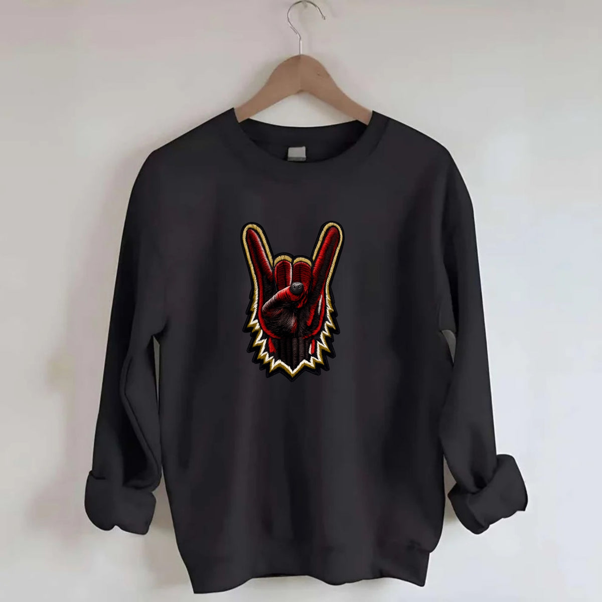 ROCK HAND HORNS - devil horns hand gesture in black and red , metal music - Crewneck Sweatshirt - black