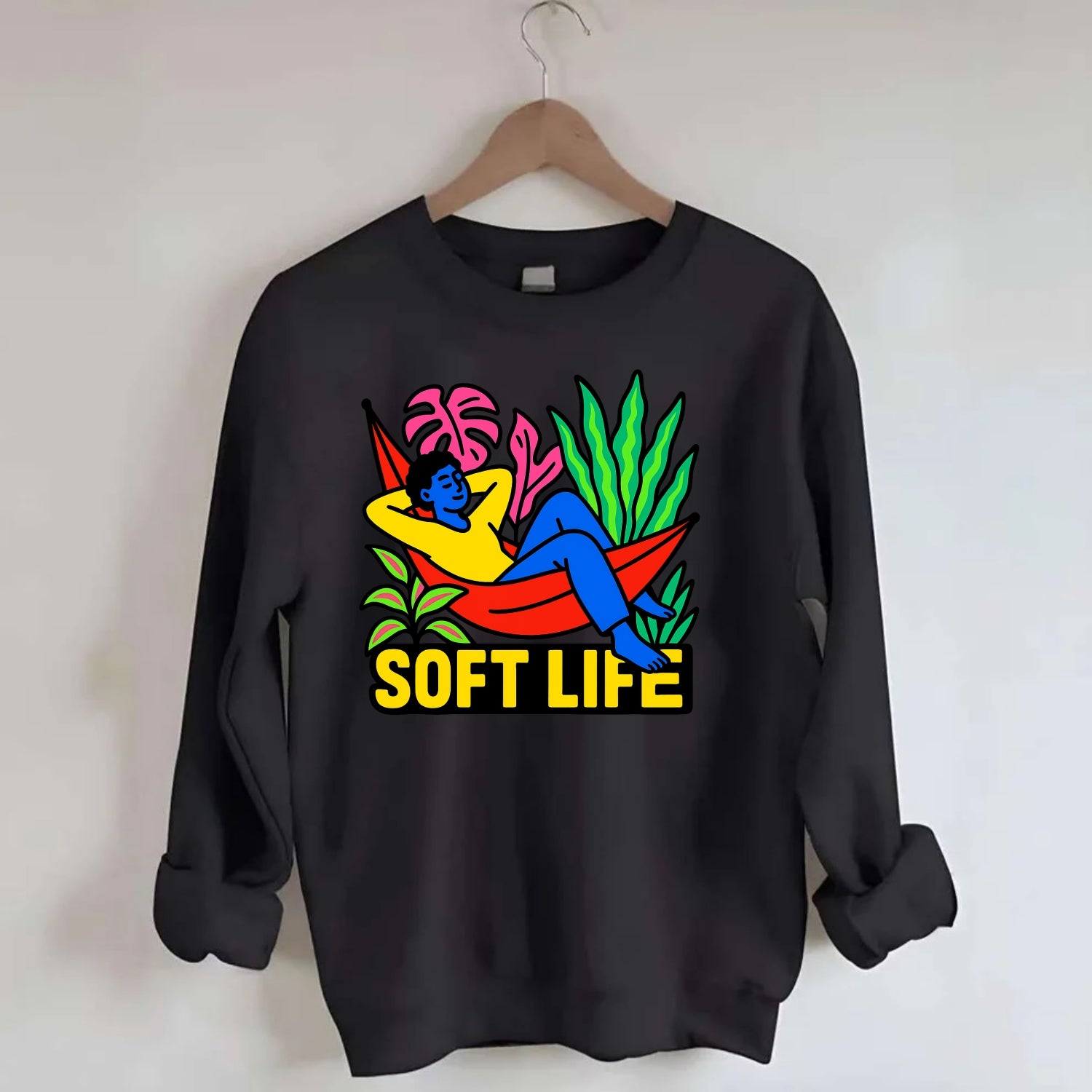 Person relaxing in hammock with plants - "soft life" aesthetic, peaceful - Crewneck Sweatshirt - black