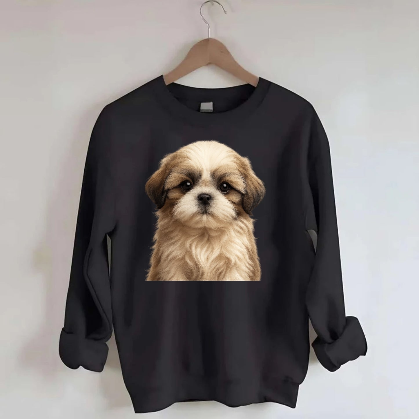 Baby Shih Tzu Puppy - long flowing coat, flat face, big dark eyes, - Crewneck Sweatshirt - black