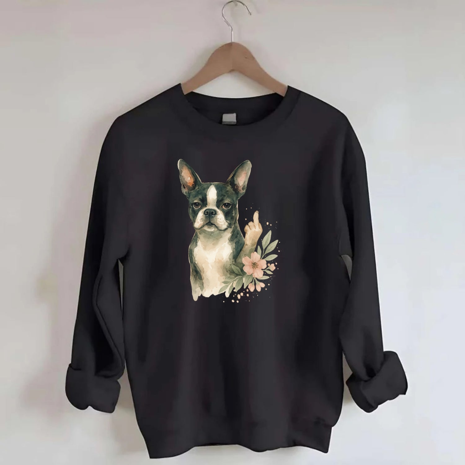 Boston Terrier with tuxedo markings, perky ears, paw up giving sass - Crewneck Sweatshirt - black