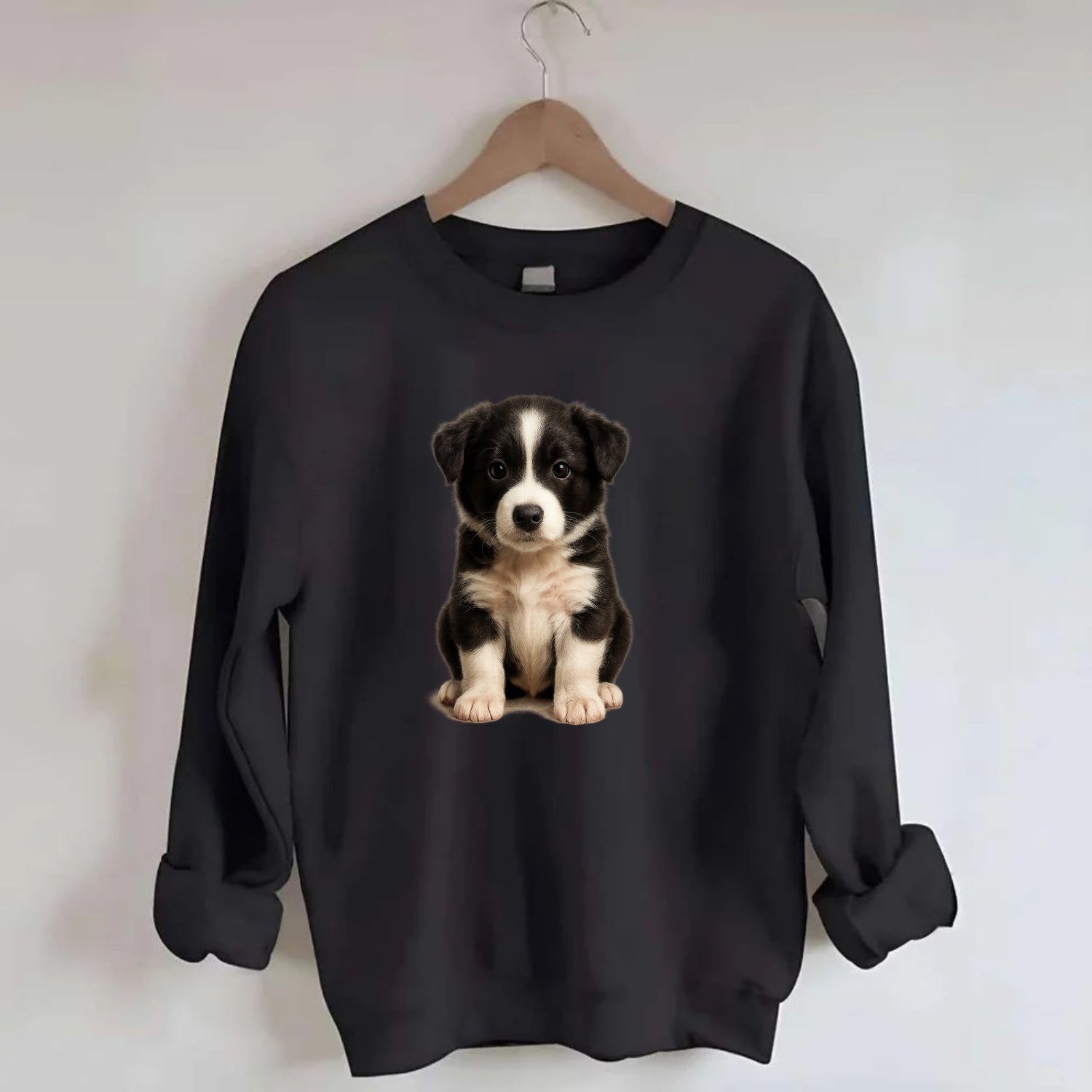 Baby Border Collie Puppy - black and white, intense smart eyes, athletic - Crewneck Sweatshirt - black