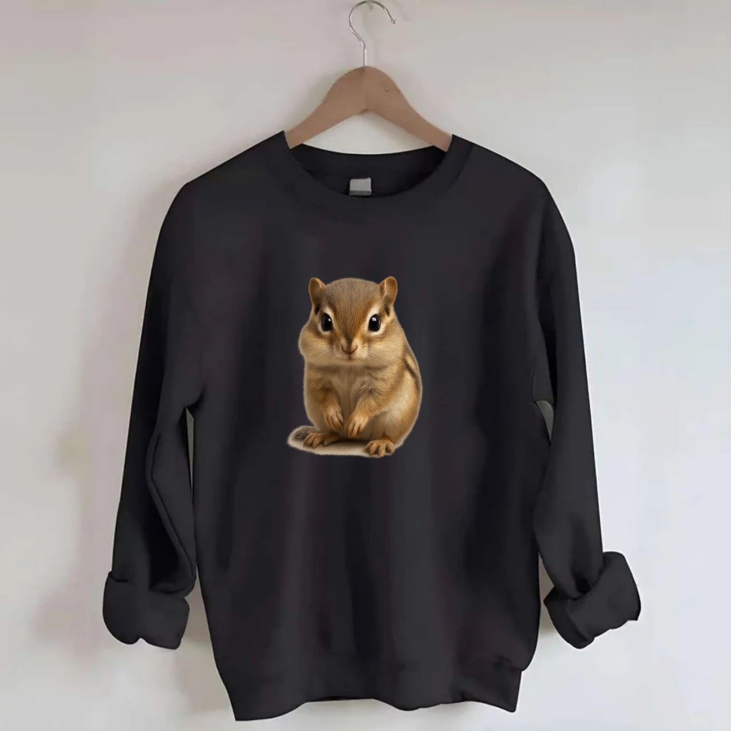 Baby Chipmunk - striped back, cheek pouches, tiny paws, bright eyes, - Crewneck Sweatshirt - black