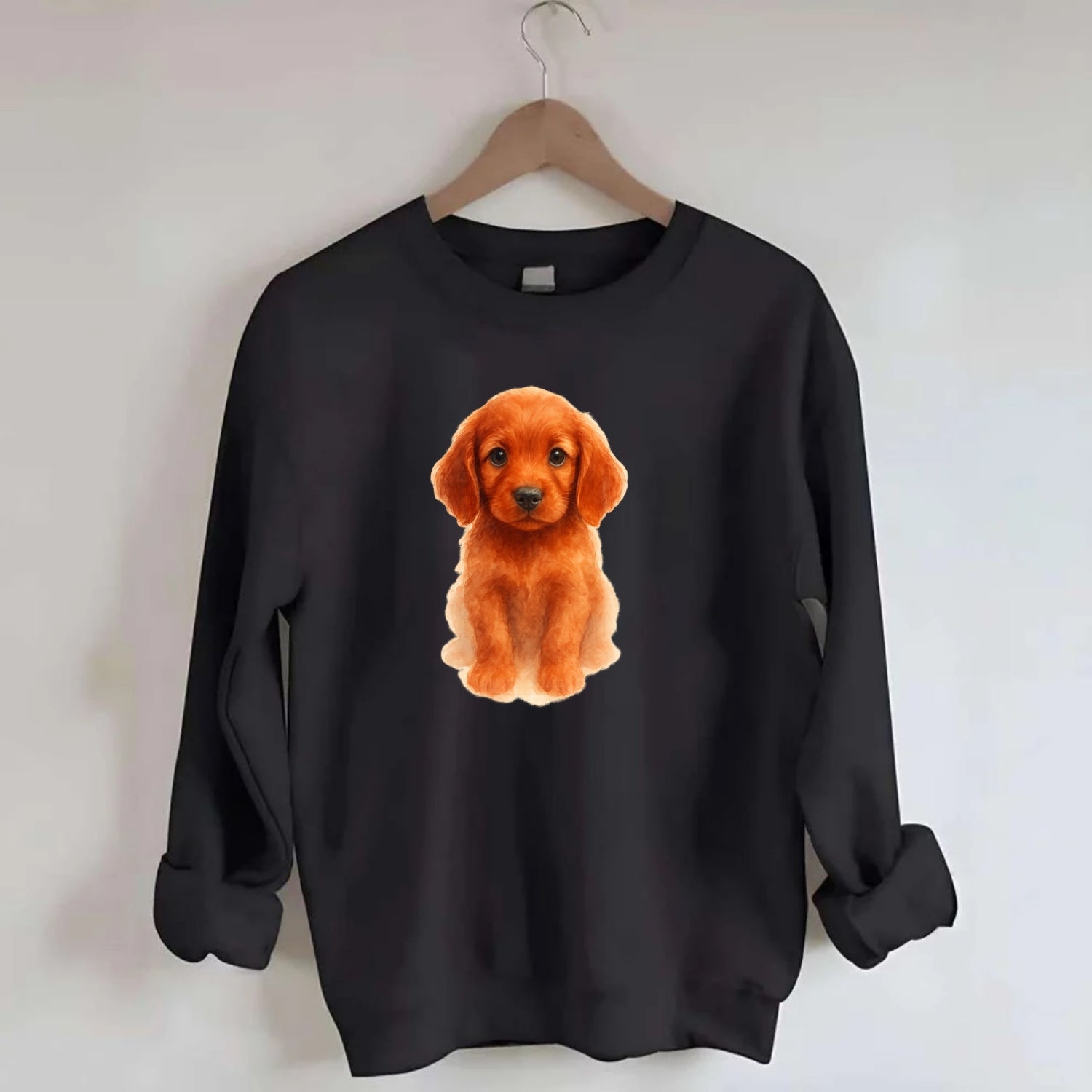 Baby Irish Setter Puppy - mahogany red coat, feathered ears, friendly eyes, - Crewneck Sweatshirt - black