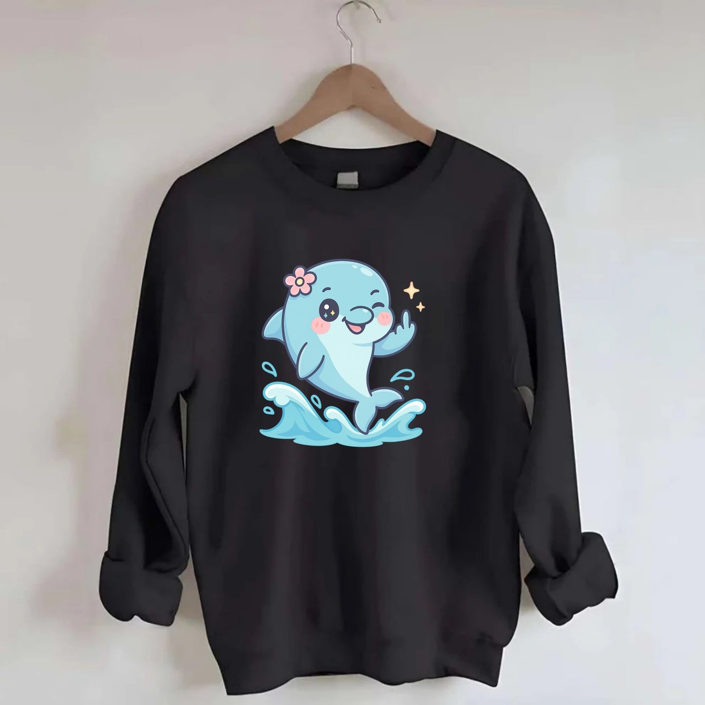 smiling dolphin jumping through ocean waves, one fin up with attitude - Crewneck Sweatshirt - black
