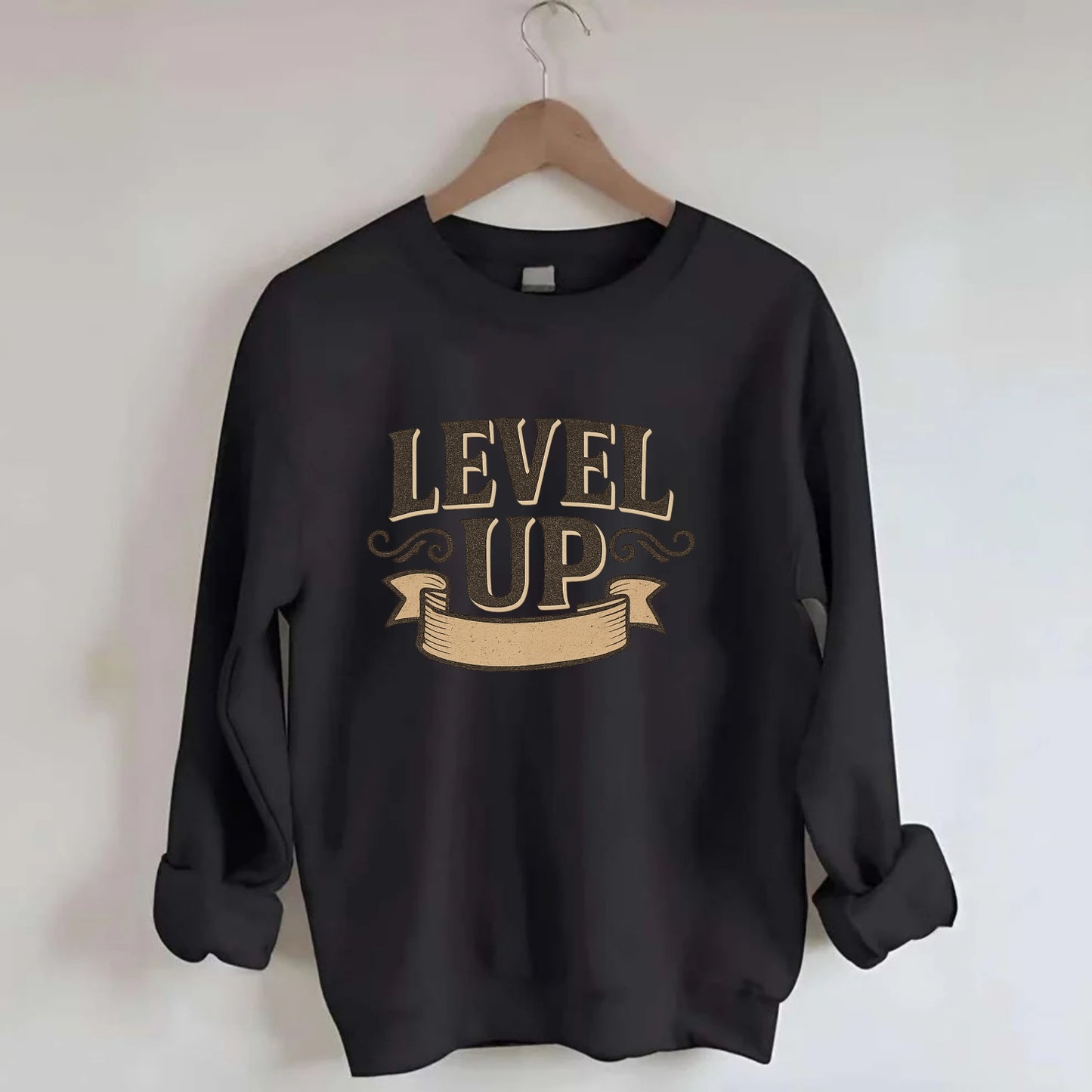 Bold typography design - "LEVEL UP" - improving, advancing, growing - Crewneck Sweatshirt - black