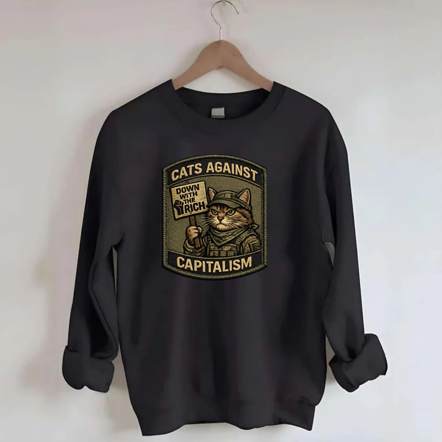 CATS AGAINST CAPITALISM - cat with protest sign in red , political cat - Crewneck Sweatshirt - black
