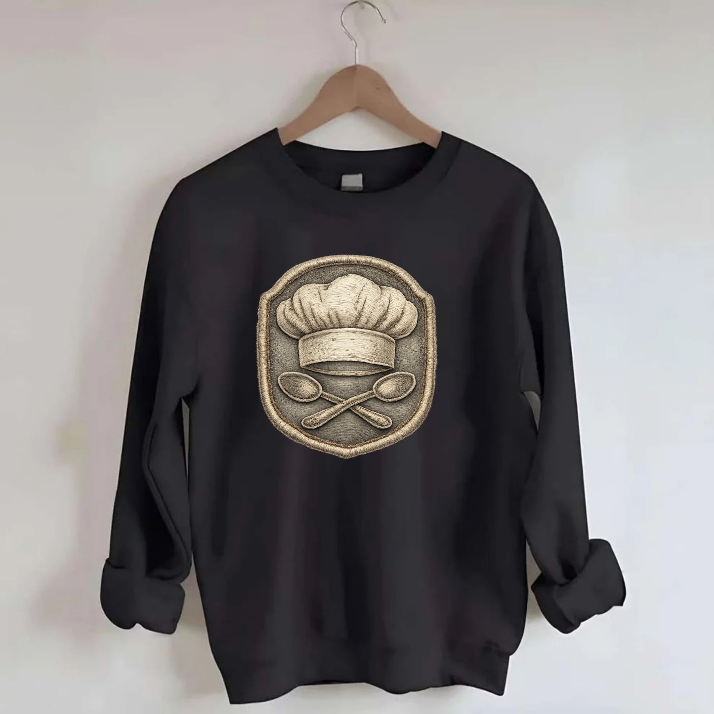 COOKING CHEF HAT - toque blanche with crossed spoons in white and silver , - Crewneck Sweatshirt - black