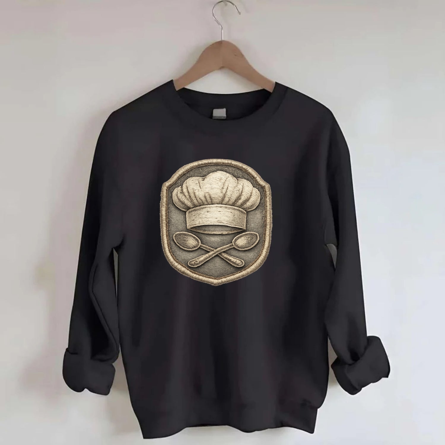 COOKING CHEF HAT - toque blanche with crossed spoons in white and silver , - Crewneck Sweatshirt - black