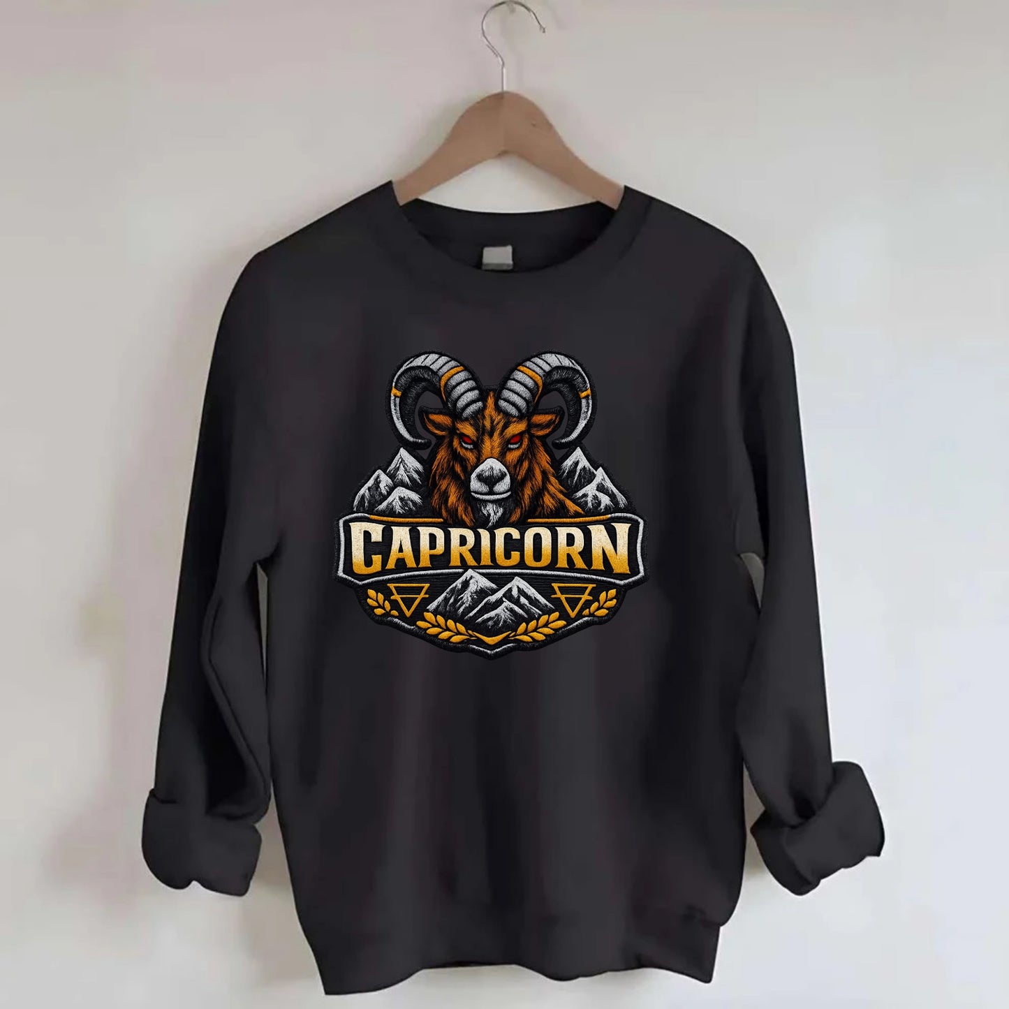 CAPRICORN GOAT - mountain goat in brown and gray , earth sign - Crewneck Sweatshirt - black
