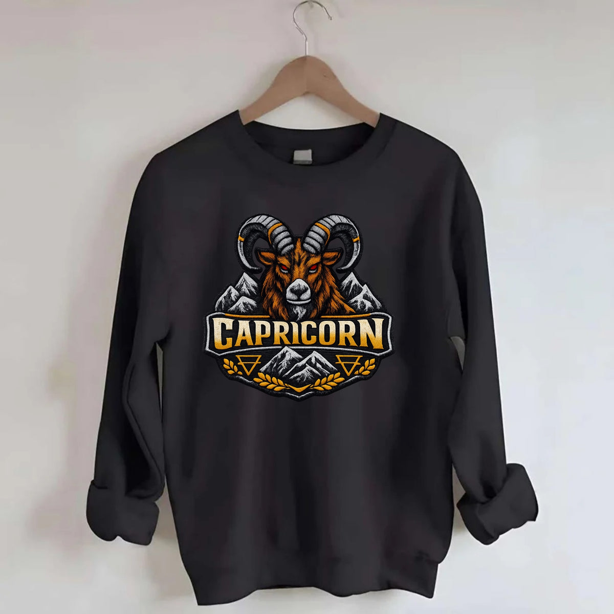 CAPRICORN GOAT - mountain goat in brown and gray , earth sign - Crewneck Sweatshirt - black