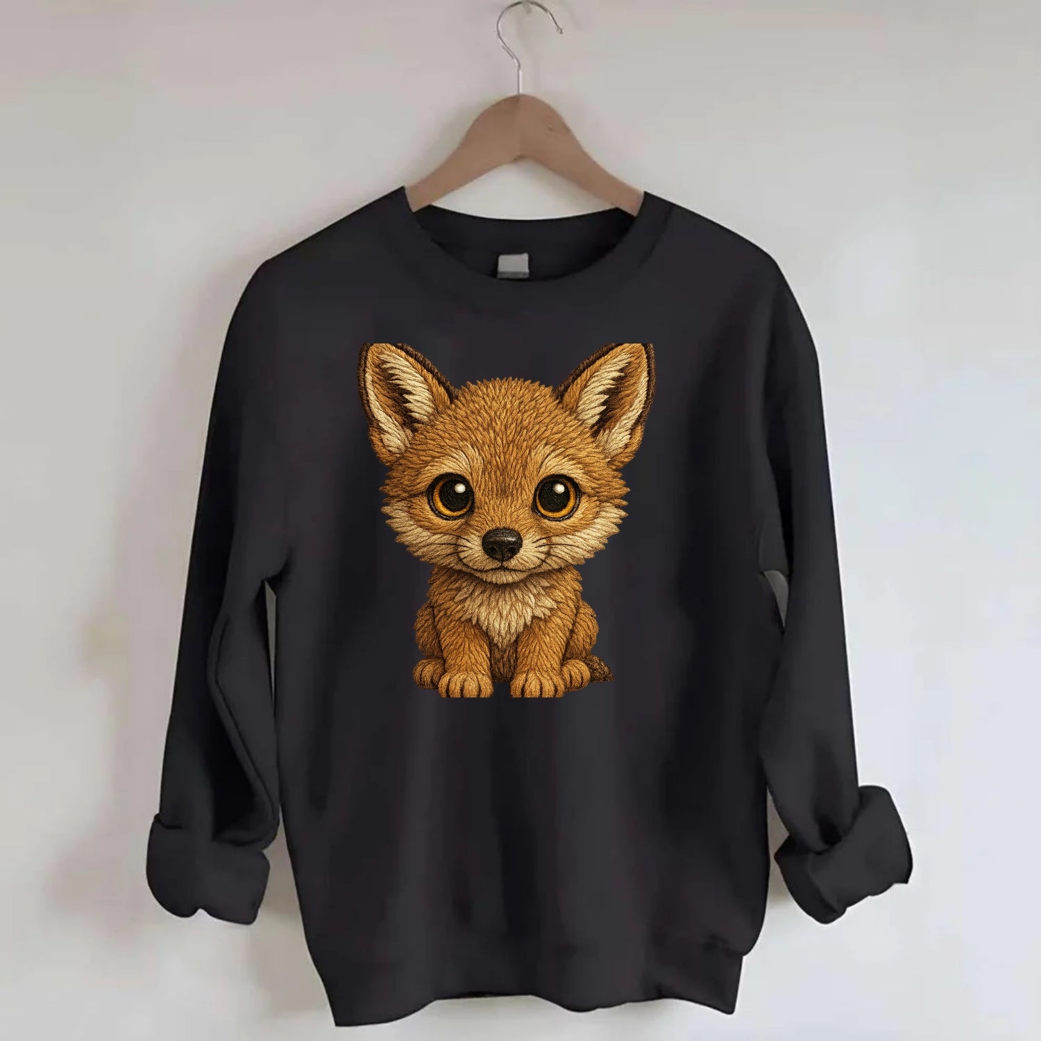 Baby Coyote Pup - tan fur, large ears, golden eyes, front-facing, clever baby - Crewneck Sweatshirt - black
