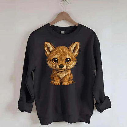 Baby Coyote Pup - tan fur, large ears, golden eyes, front-facing, clever baby - Crewneck Sweatshirt - black