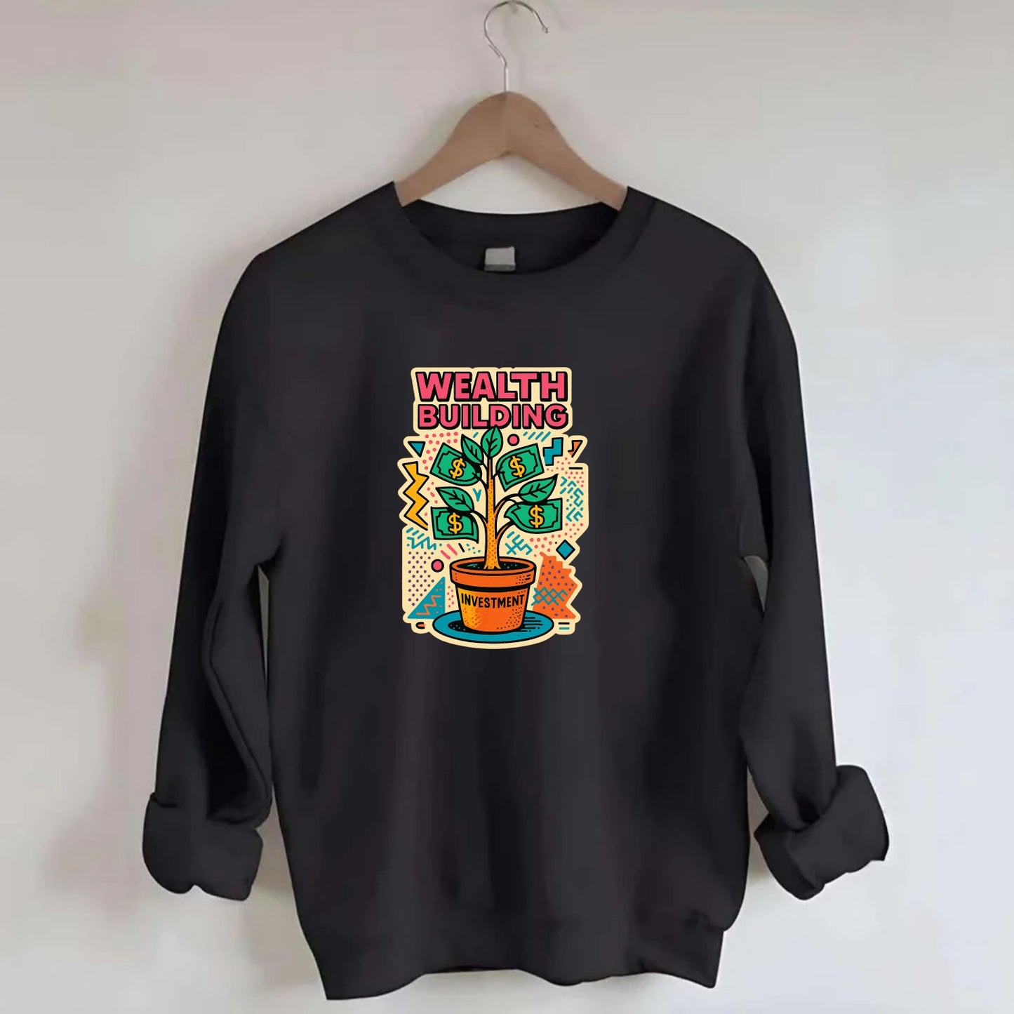 Money tree growing from investment pot - financial independence journey, - Crewneck Sweatshirt - black