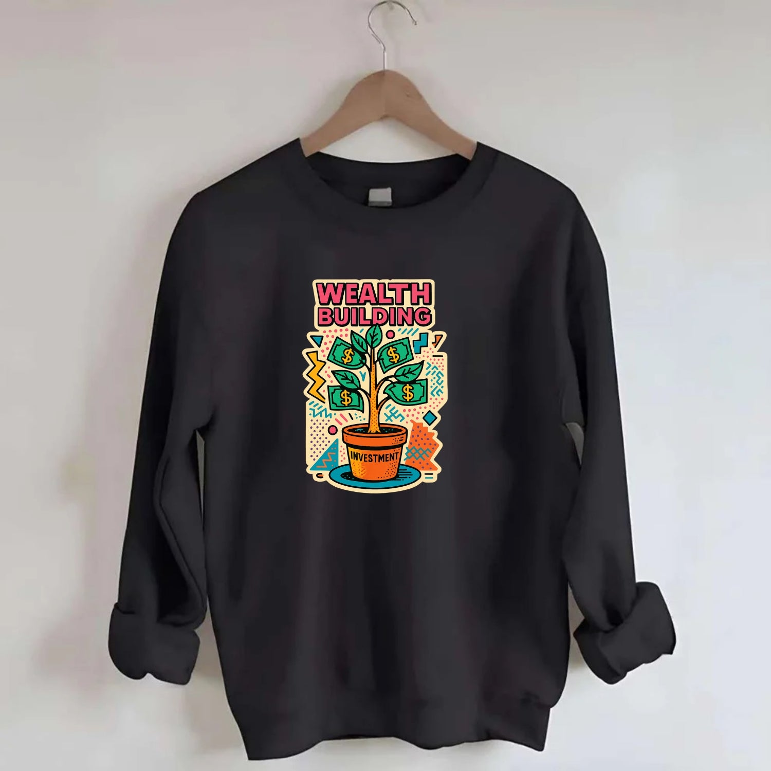 Money tree growing from investment pot - financial independence journey, - Crewneck Sweatshirt - black