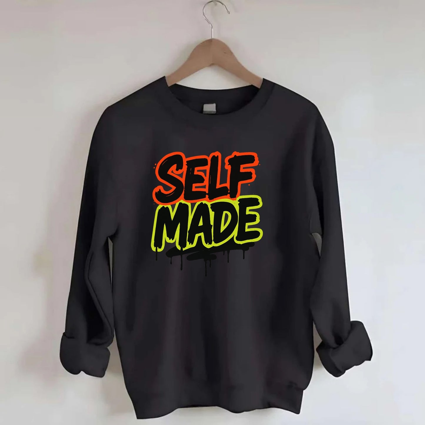 Bold typography design - "SELF MADE" - built from nothing, earned success - Crewneck Sweatshirt - black
