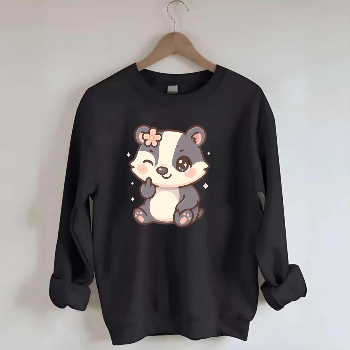 adorable badger with black and white stripes, one paw giving finger - Crewneck Sweatshirt - black