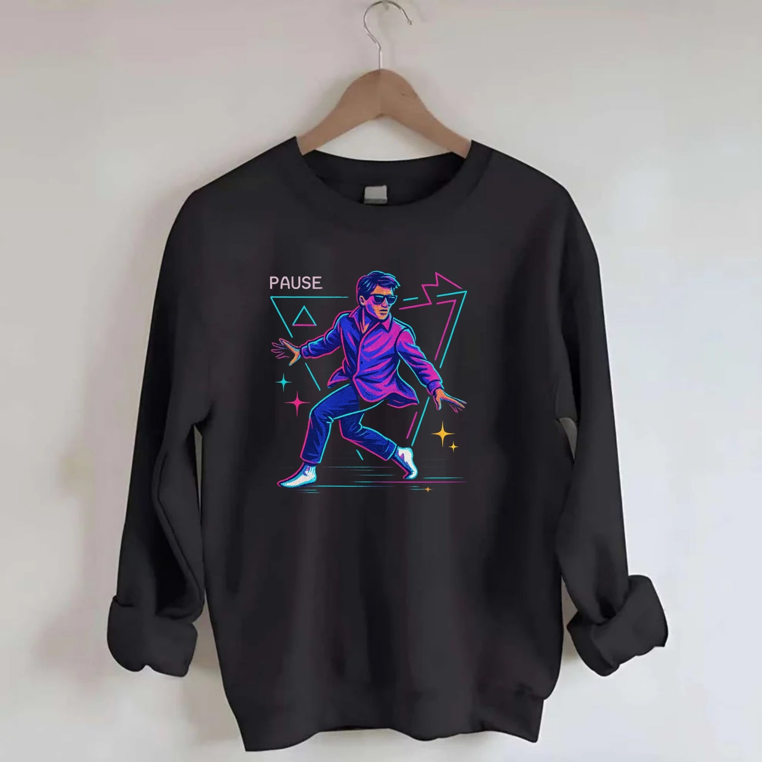 confident figure sliding across polished wooden floor in socks and sunglasses - Crewneck Sweatshirt - black