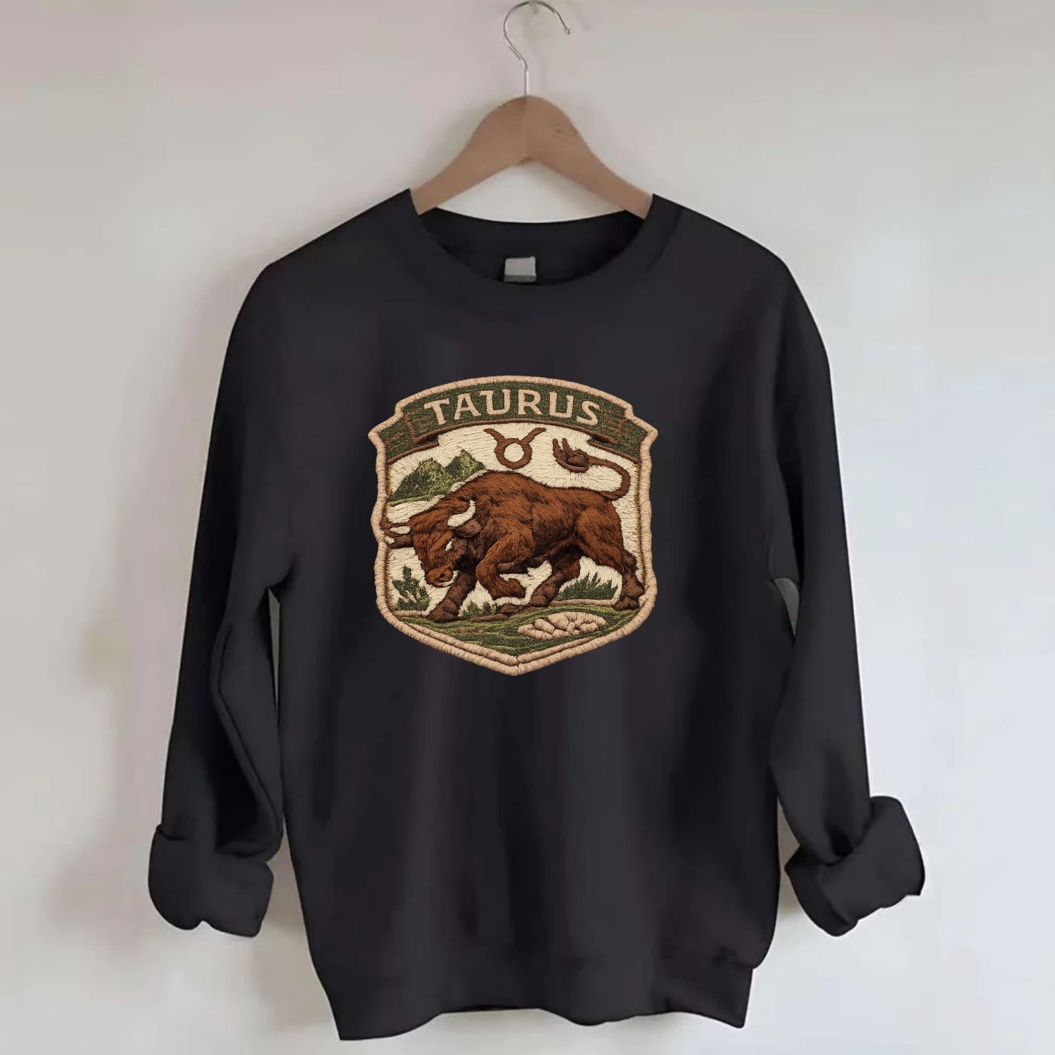 TAURUS BULL - strong bull in brown and green , earth sign - Crewneck Sweatshirt - black