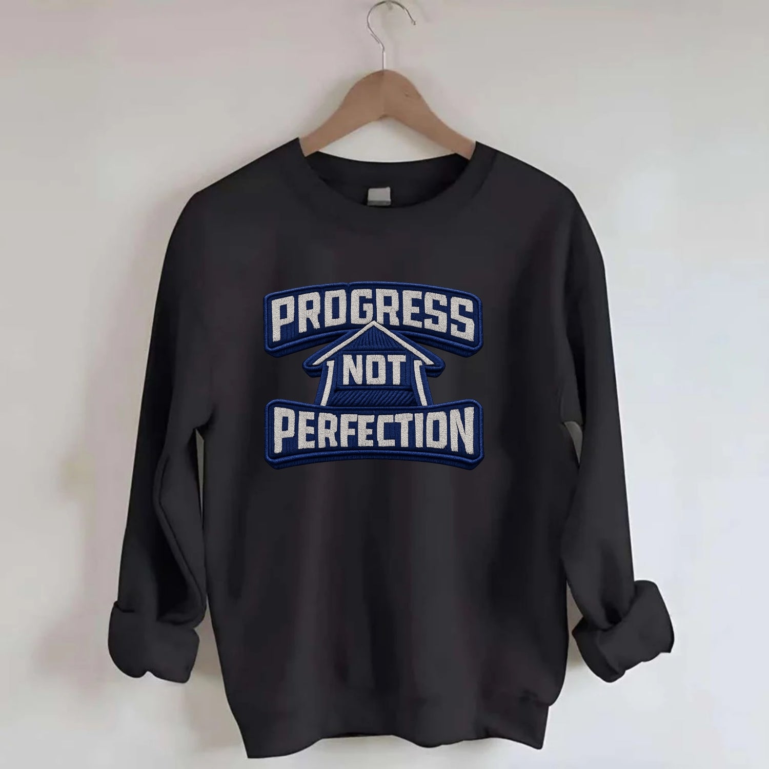 PROGRESS NOT PERFECTION - arrow with text in blue , growth mindset - Crewneck Sweatshirt - black