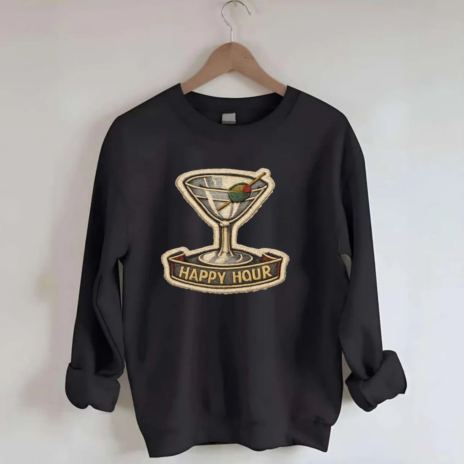 COCKTAIL MARTINI - martini glass with olive in silver and green , happy hour - Crewneck Sweatshirt - black