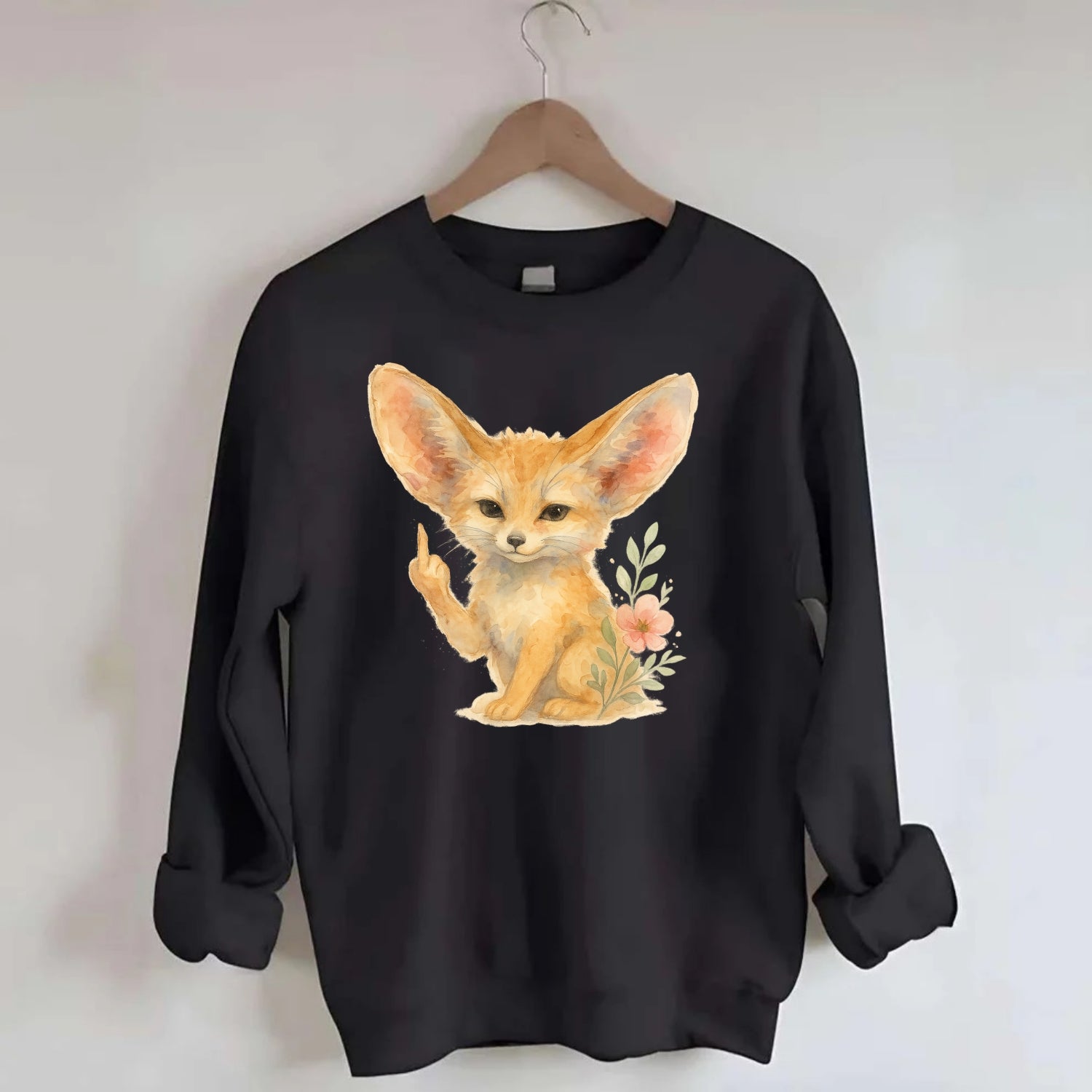 tiny fennec fox with oversized ears, one small paw raised in sass - Crewneck Sweatshirt - black