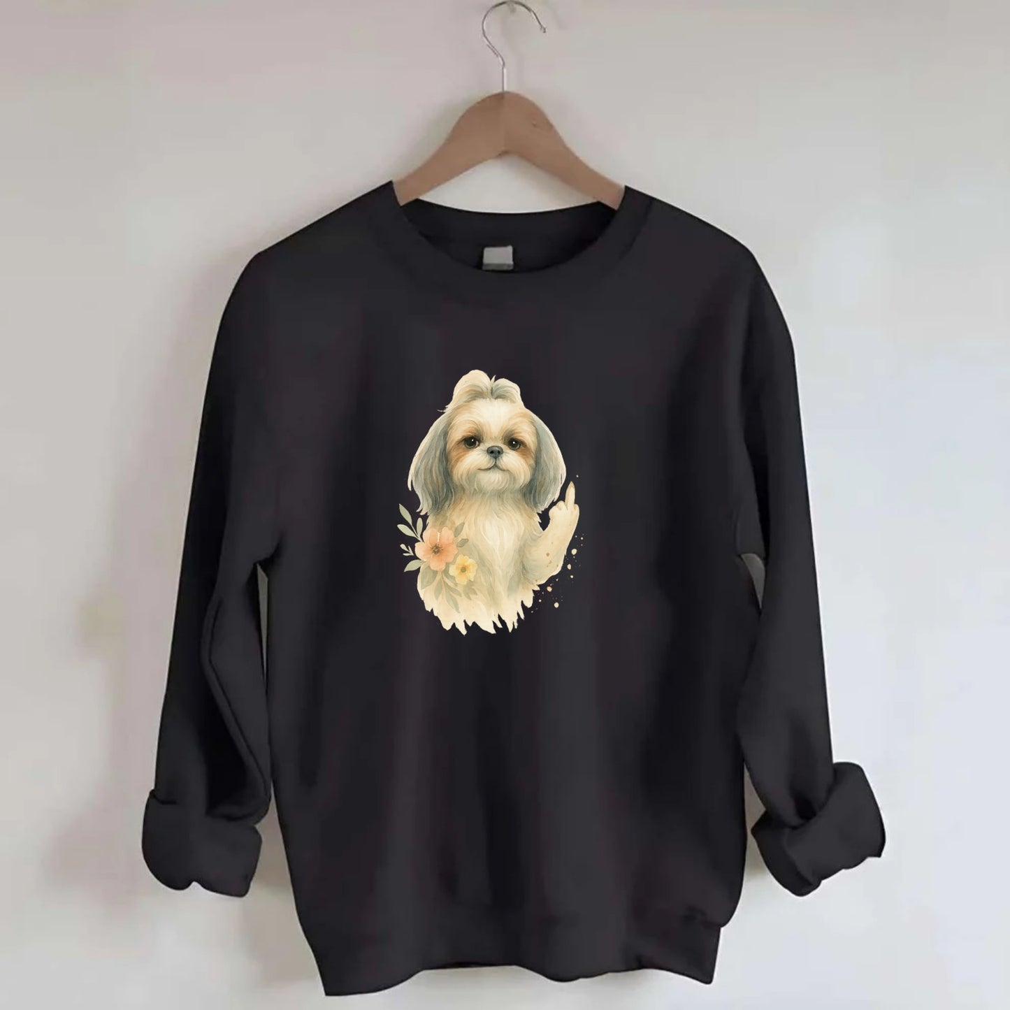 Shih Tzu with long flowing silky hair, tiny paw showing attitude - Crewneck Sweatshirt - black