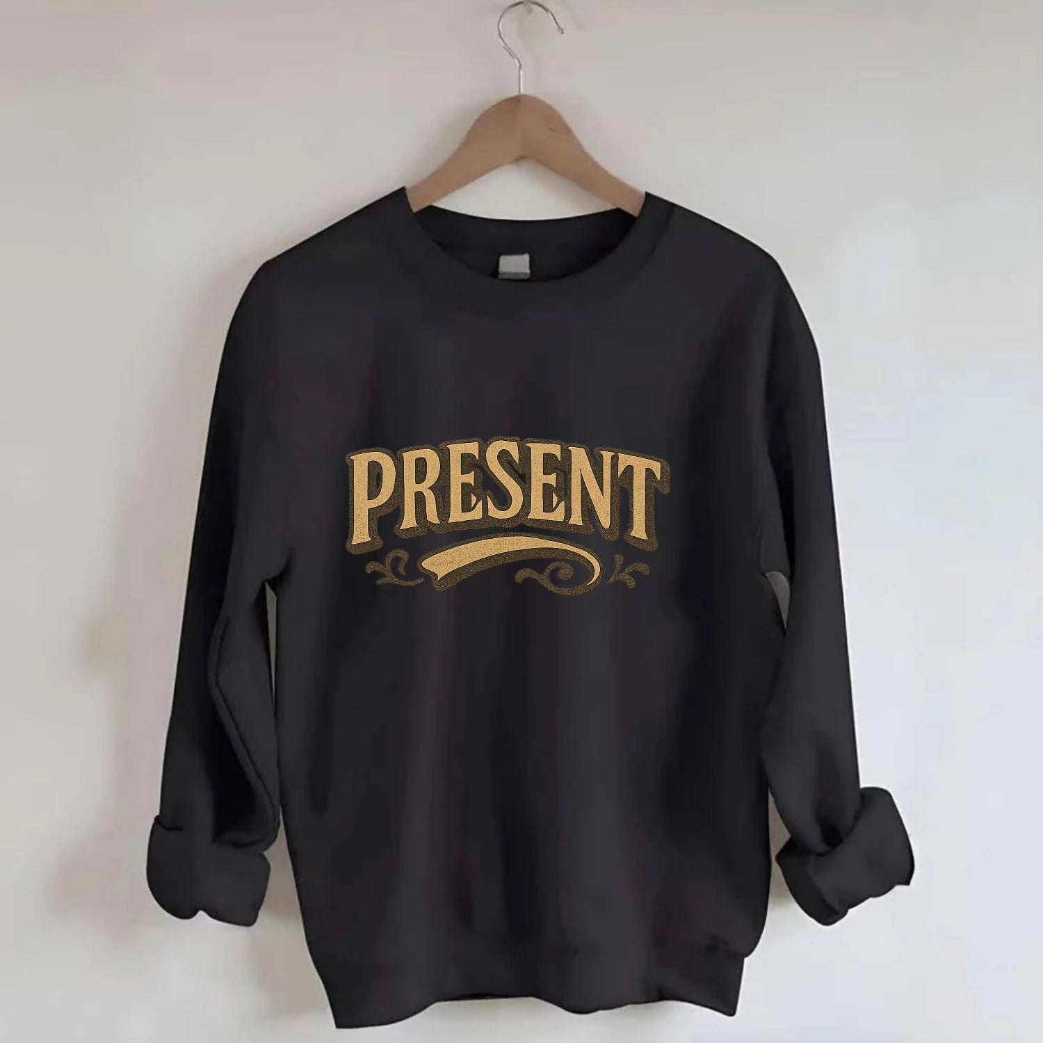 Bold typography design - "PRESENT" - living in the now - Crewneck Sweatshirt - black