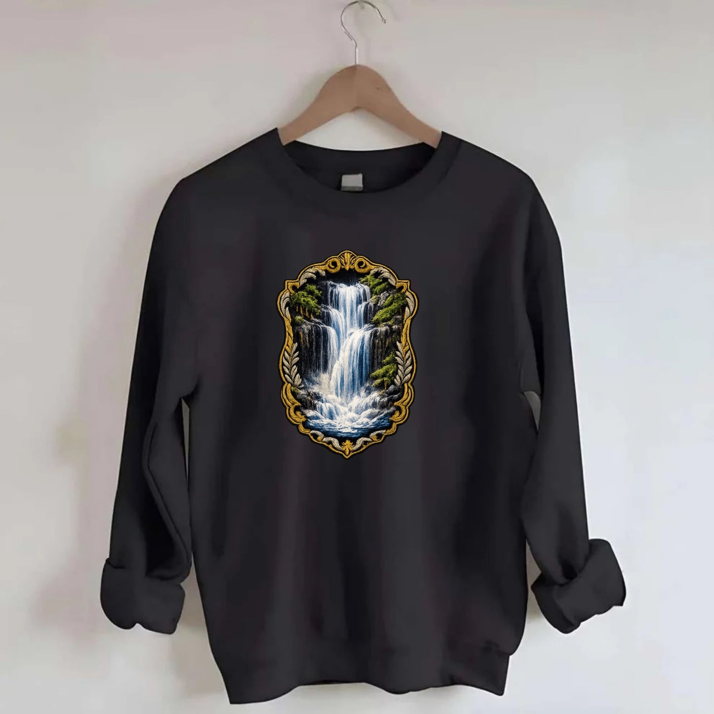 WATERFALL CASCADE - falling water with mist in blue and white , nature wonder - Crewneck Sweatshirt - black