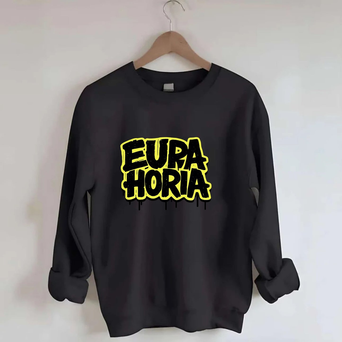 Bold typography design - "EUPHORIA" - intense happiness, ecstasy - Crewneck Sweatshirt - black