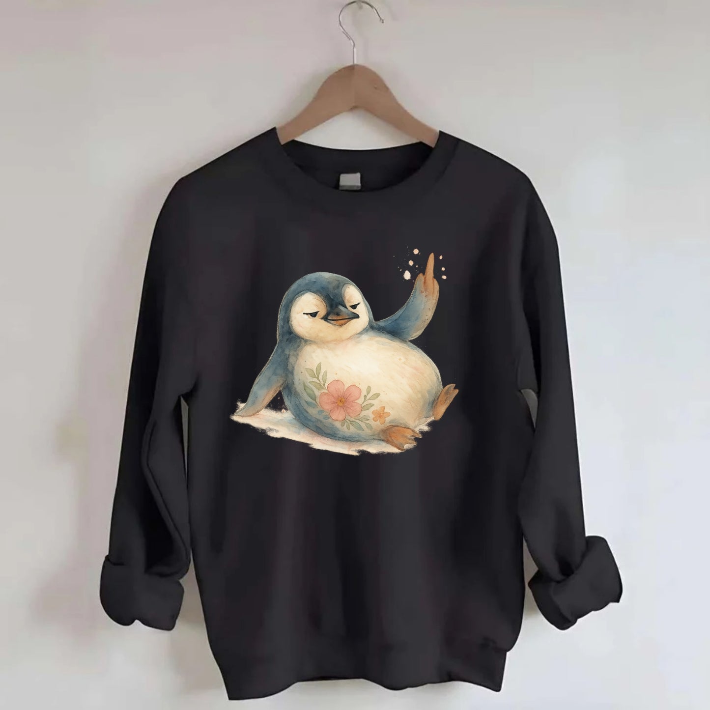 chubby penguin sliding on belly, one flipper up giving attitude - Crewneck Sweatshirt - black