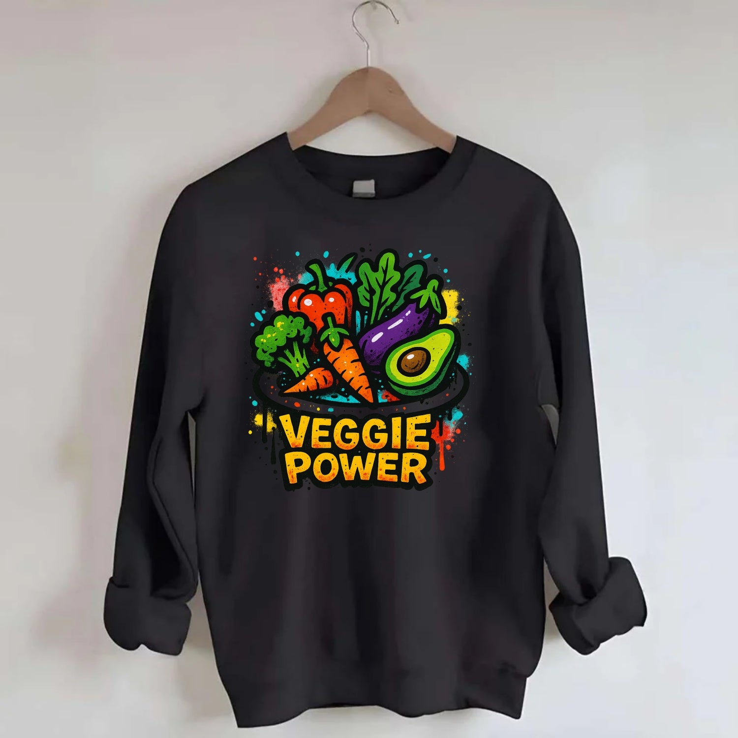 Colorful vegetables and plants on plate - plant-based lifestyle, veggie power - Crewneck Sweatshirt - black