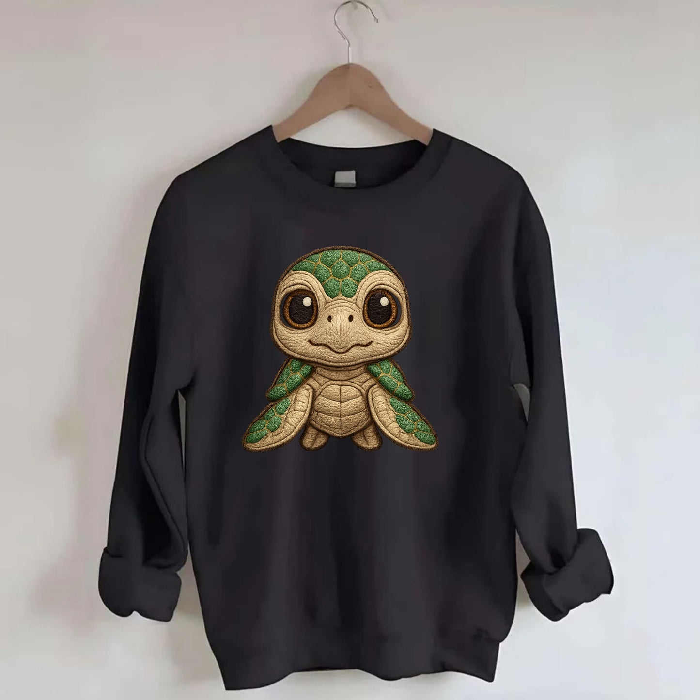 Baby Green Sea Turtle - emerald shell, large innocent brown eyes, tiny - Crewneck Sweatshirt - black