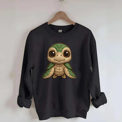 Baby Green Sea Turtle - emerald shell, large innocent brown eyes, tiny - Crewneck Sweatshirt - black