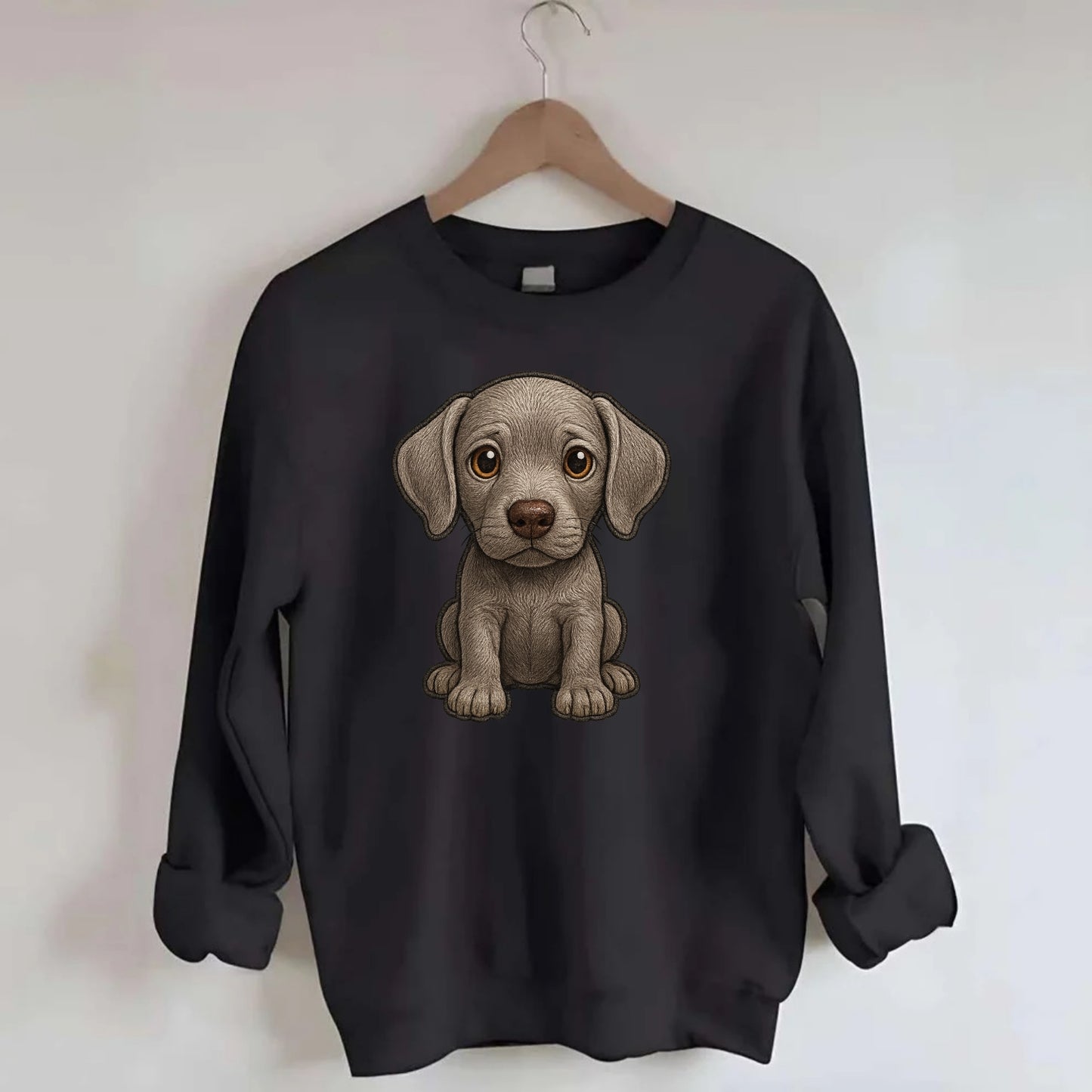 Baby Weimaraner Puppy - silver-gray coat, amber eyes, sleek body, - Crewneck Sweatshirt - black
