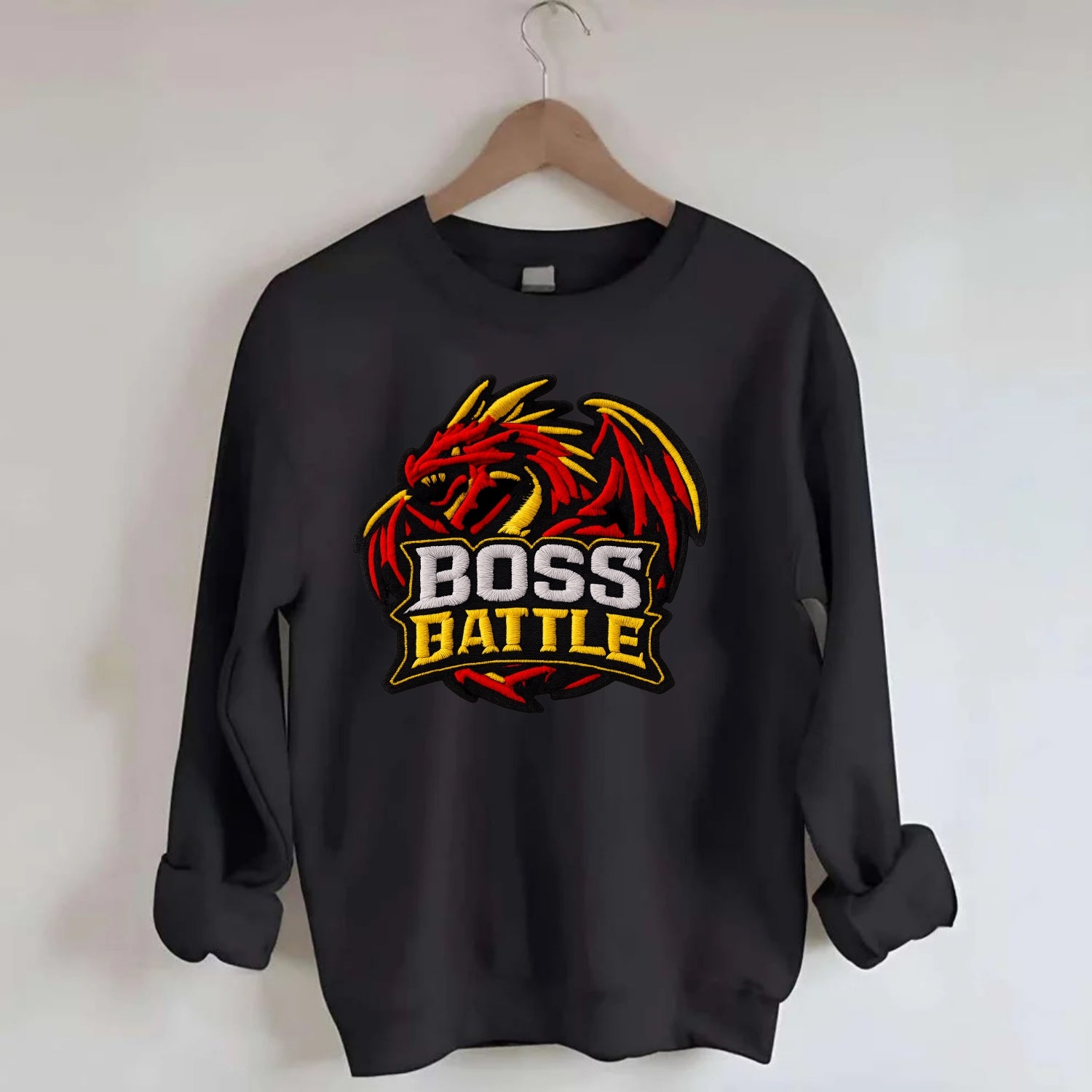 BOSS BATTLE - dragon silhouette in red and gold , raid - Crewneck Sweatshirt - black