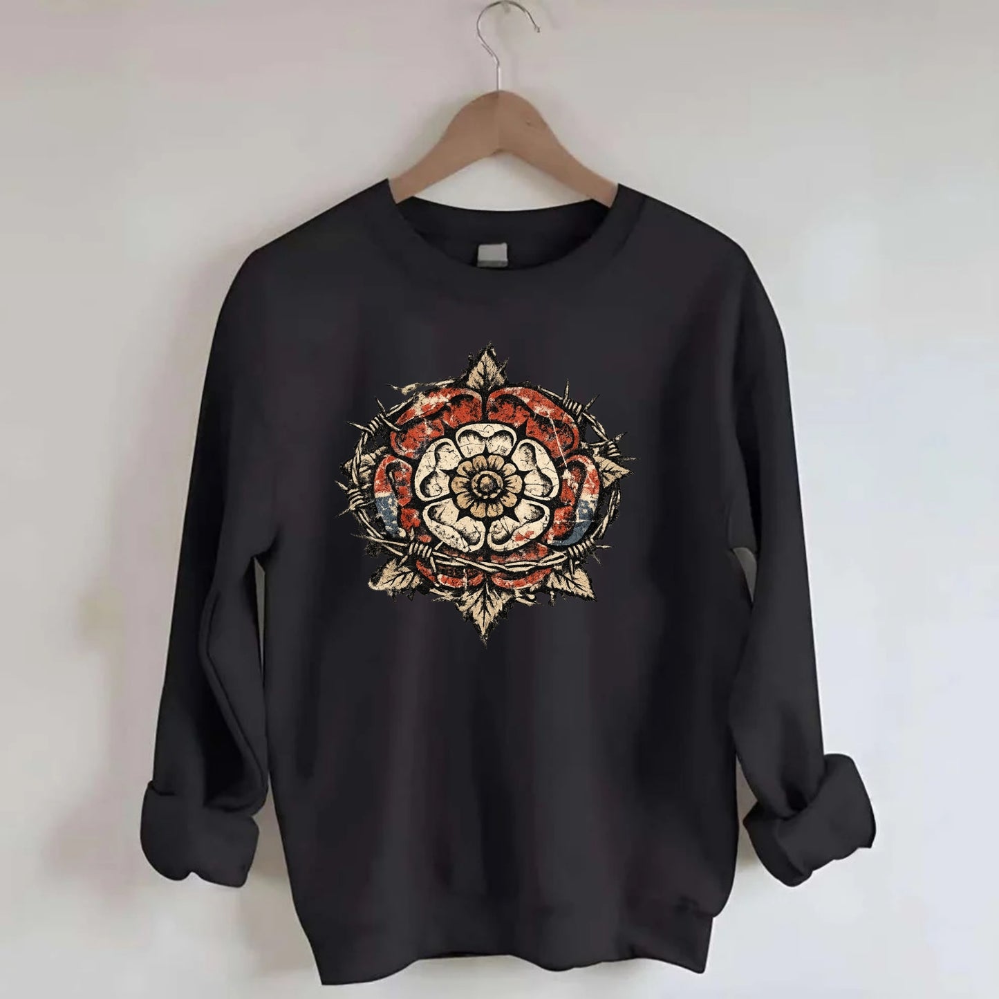 THORNED ROSE | Tudor rose with thorns | Barbed wire integration | Beautiful - Crewneck Sweatshirt - black