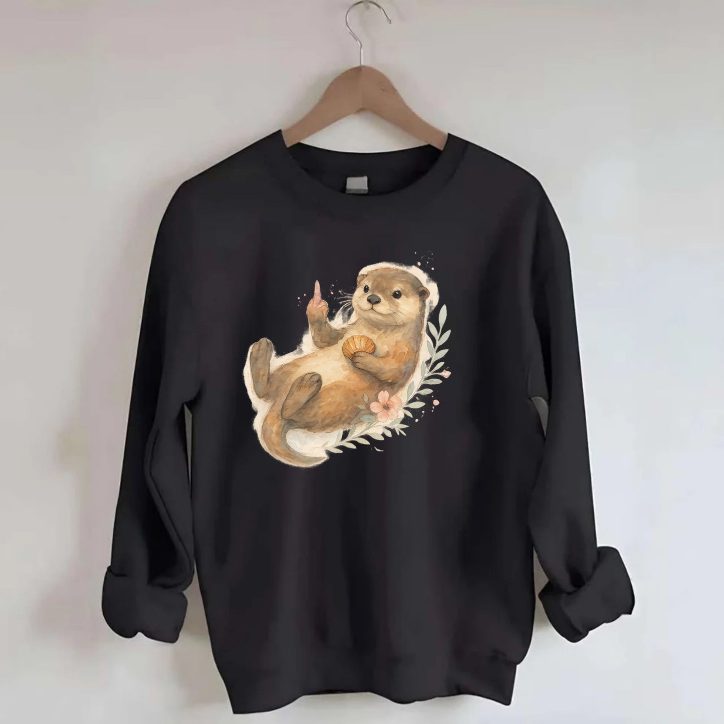 adorable otter floating on back, middle finger up while holding a shellfish - Crewneck Sweatshirt - black