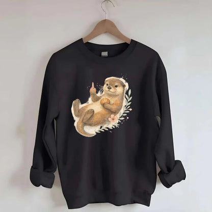 adorable otter floating on back, middle finger up while holding a shellfish - Crewneck Sweatshirt - black