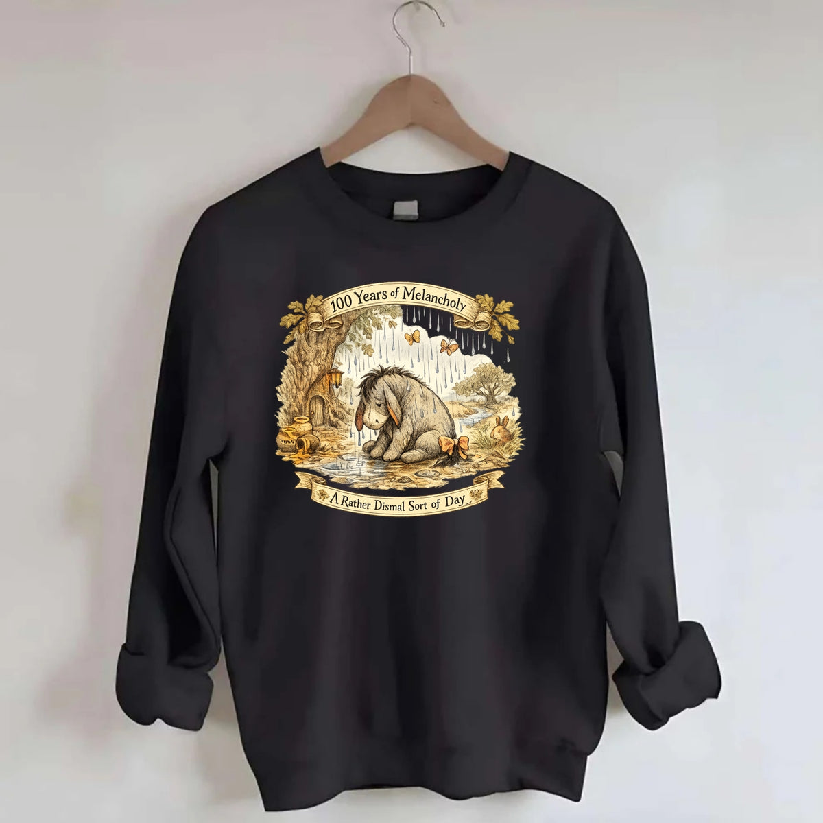 GLOOMY GLEN | Droopy figure in rain | Tattered tail bow | Pessimistic poetry - Crewneck Sweatshirt - black