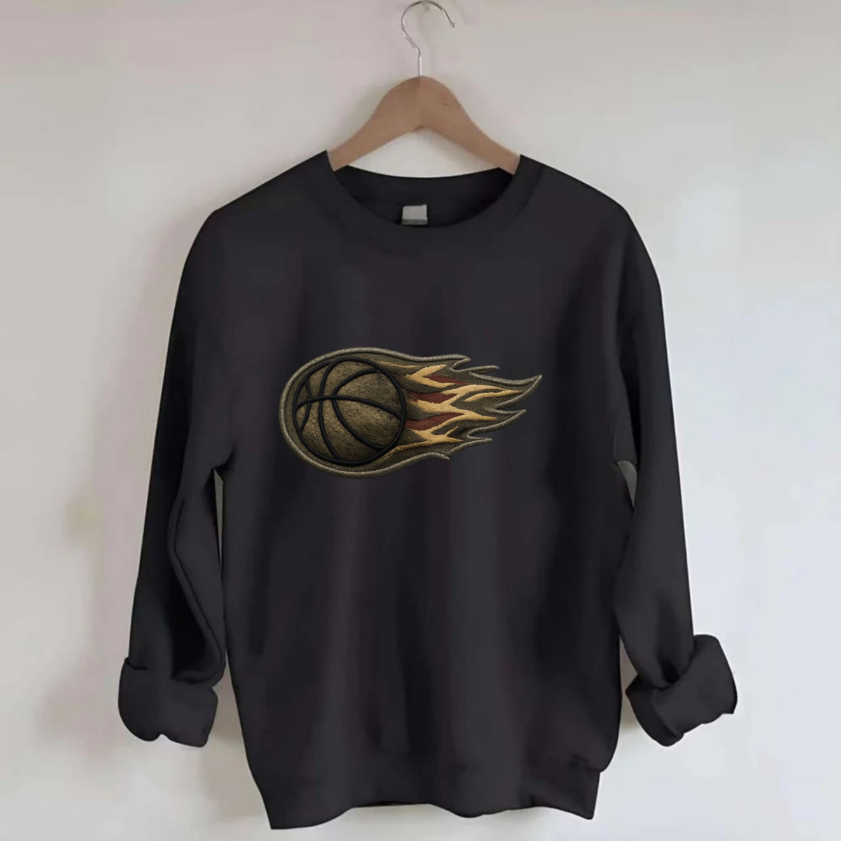 BASKETBALL FLAMING BALL - basketball with flames in orange and red , dynamic - Crewneck Sweatshirt - black