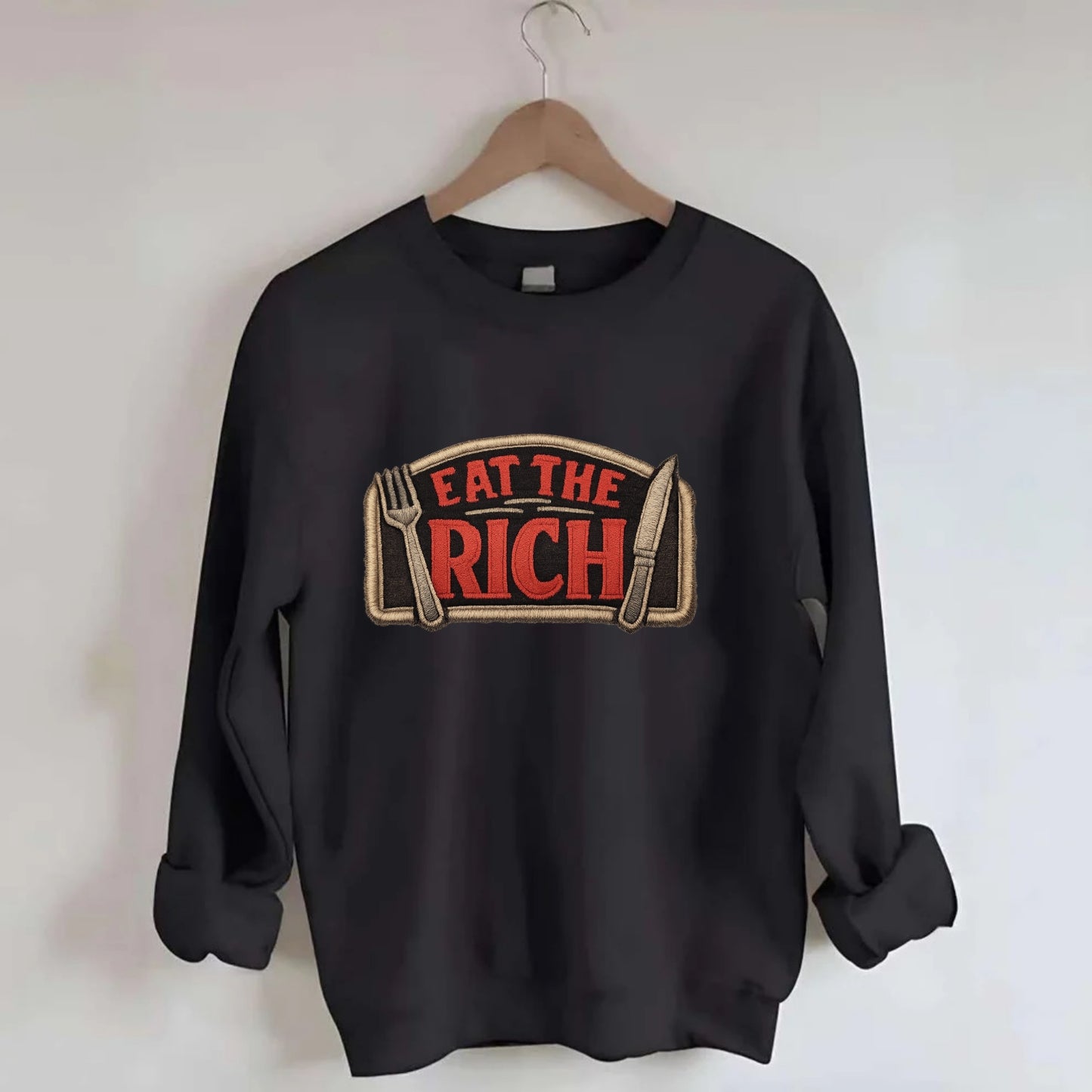 EAT THE RICH - fork and knife with text in red and silver , class war - Crewneck Sweatshirt - black