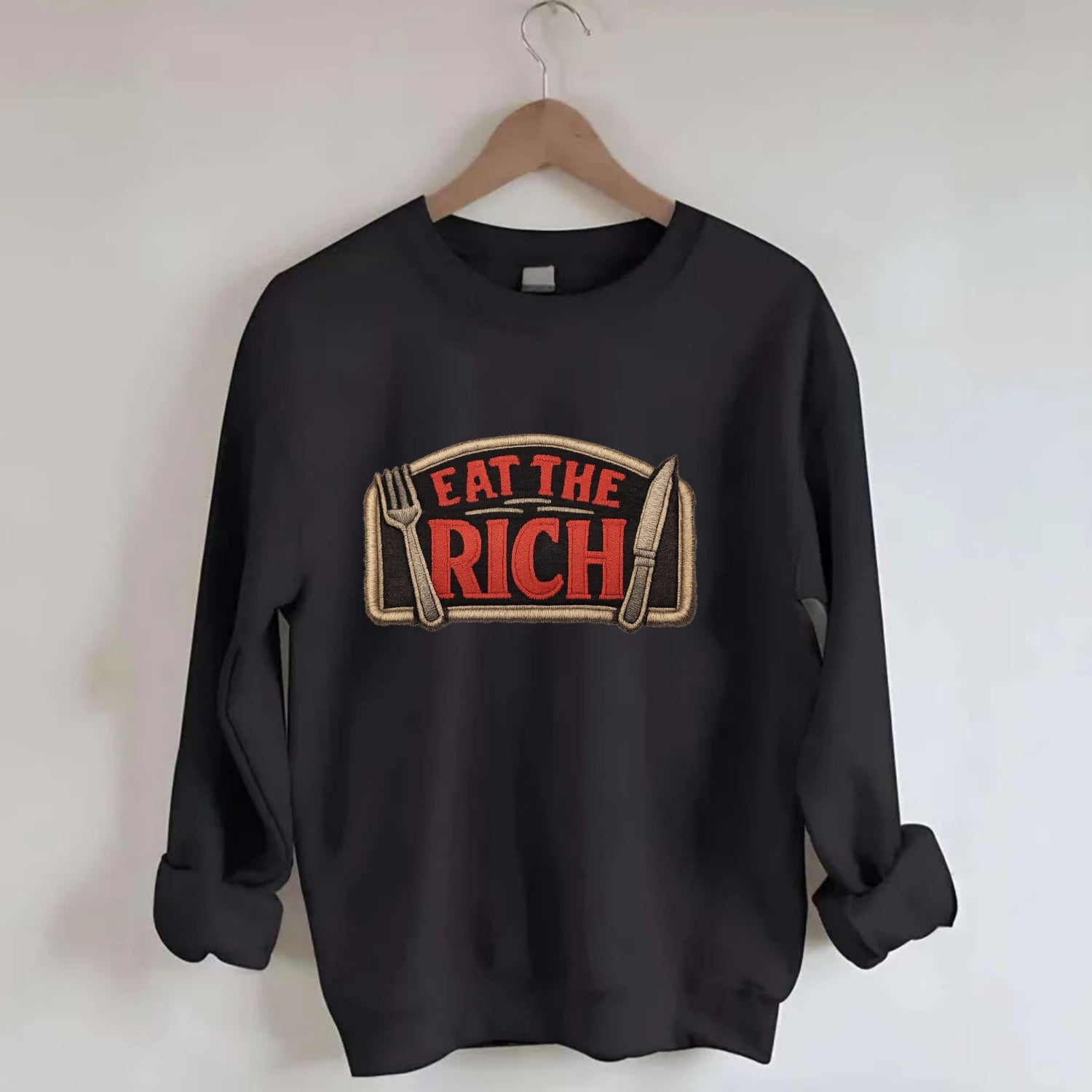 EAT THE RICH - fork and knife with text in red and silver , class war - Crewneck Sweatshirt - black