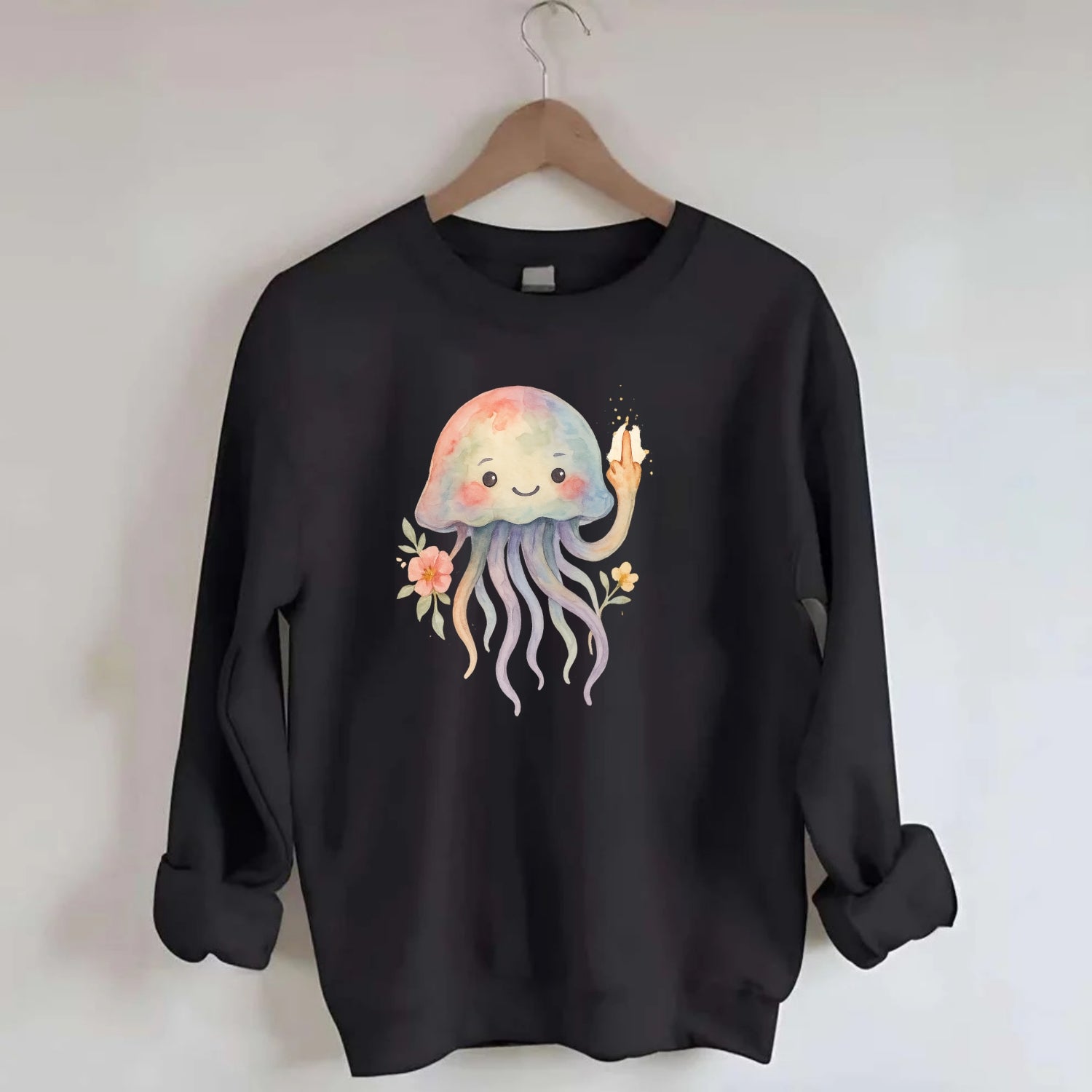 jellyfish with kawaii face and tentacles, one tentacle pointing up defiantly - Crewneck Sweatshirt - black