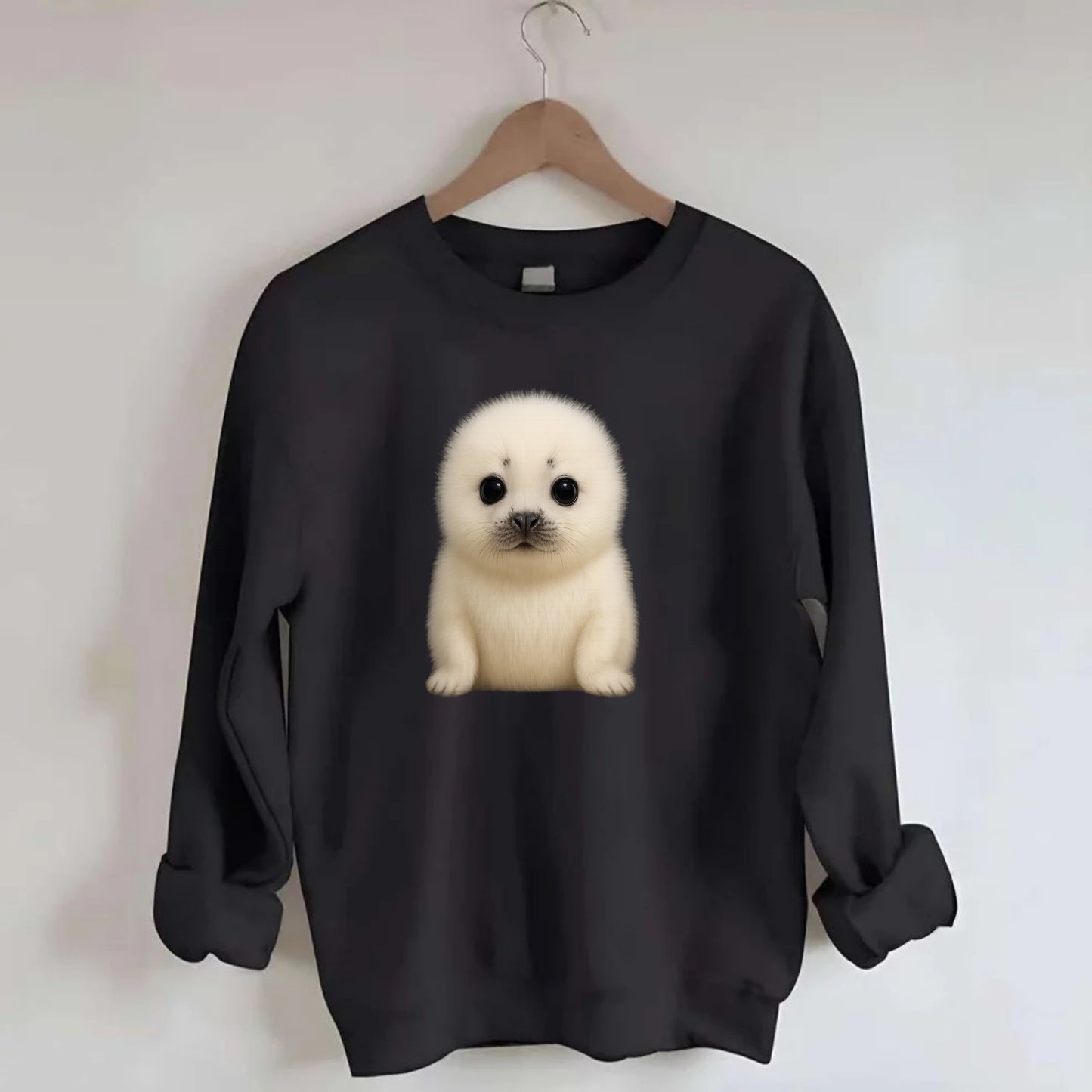 Baby Harp Seal - pure white fluffy fur, enormous dark eyes, front-facing, - Crewneck Sweatshirt - black