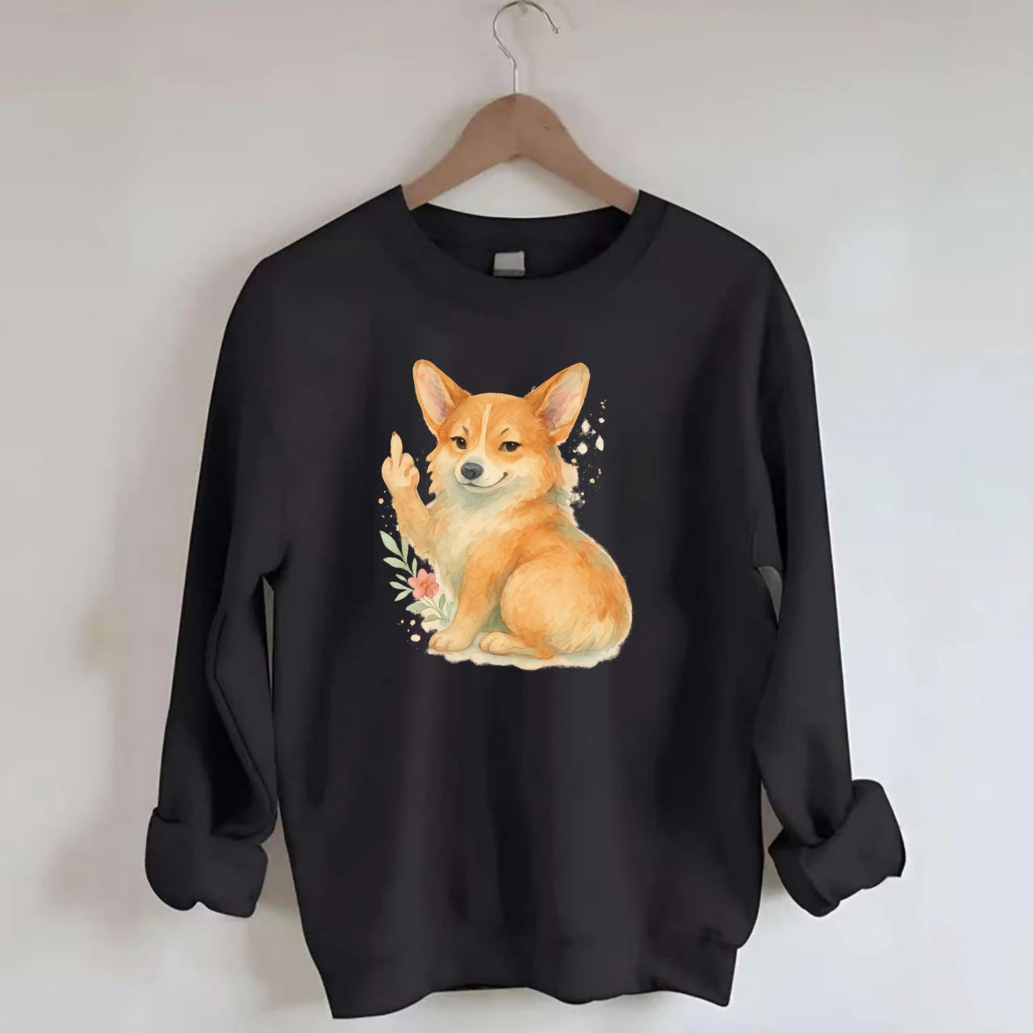 Corgi short legs and fluffy butt, one stubby paw up with sass - Crewneck Sweatshirt - black