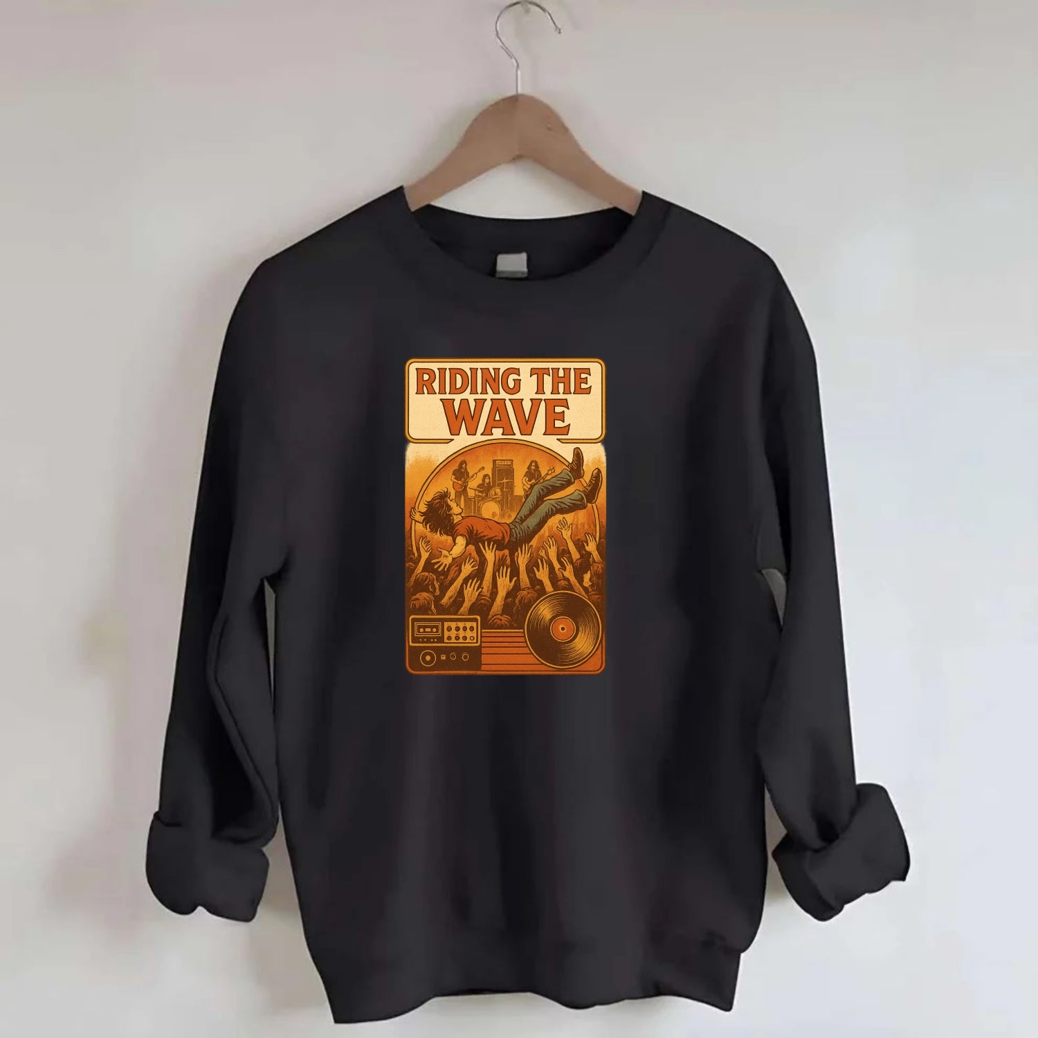 Crowd surfing at packed concert - "Riding the Wave" - concert energy - Crewneck Sweatshirt - black