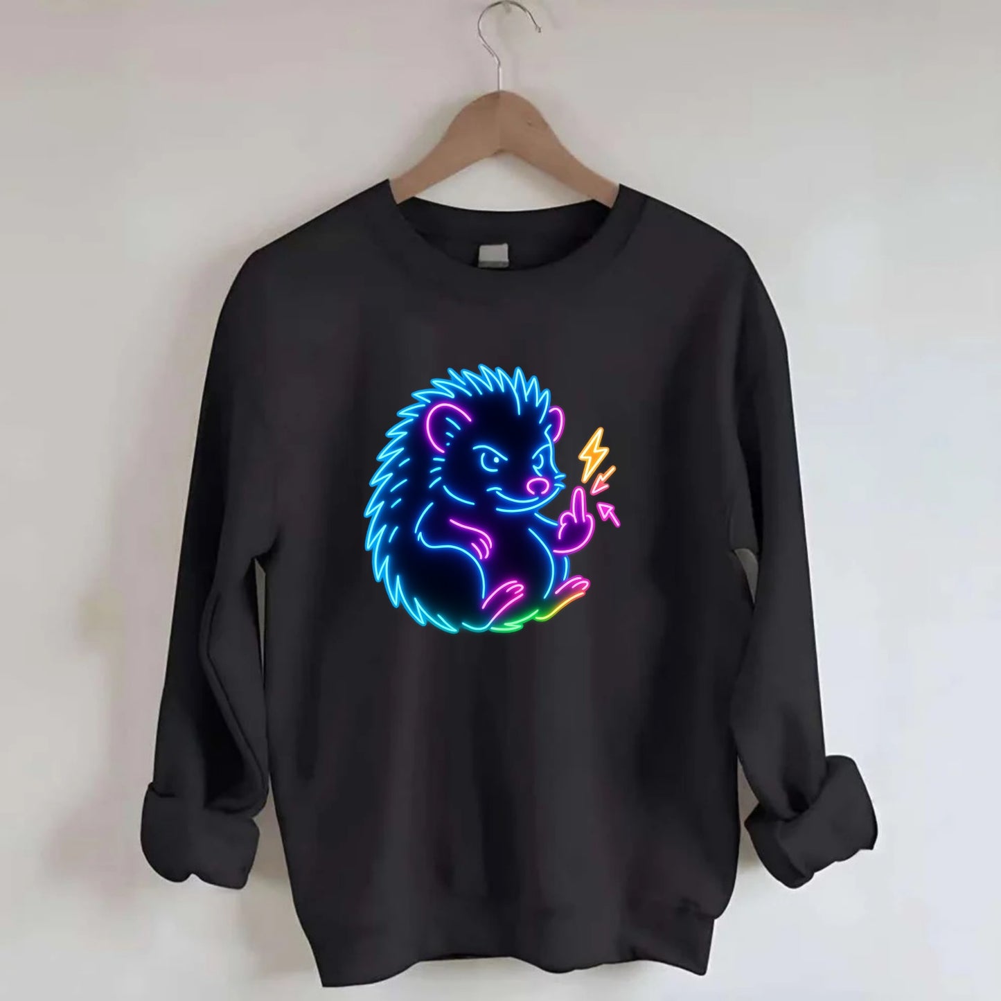tiny hedgehog curled up slightly, one little paw raised flipping the bird - Crewneck Sweatshirt - black