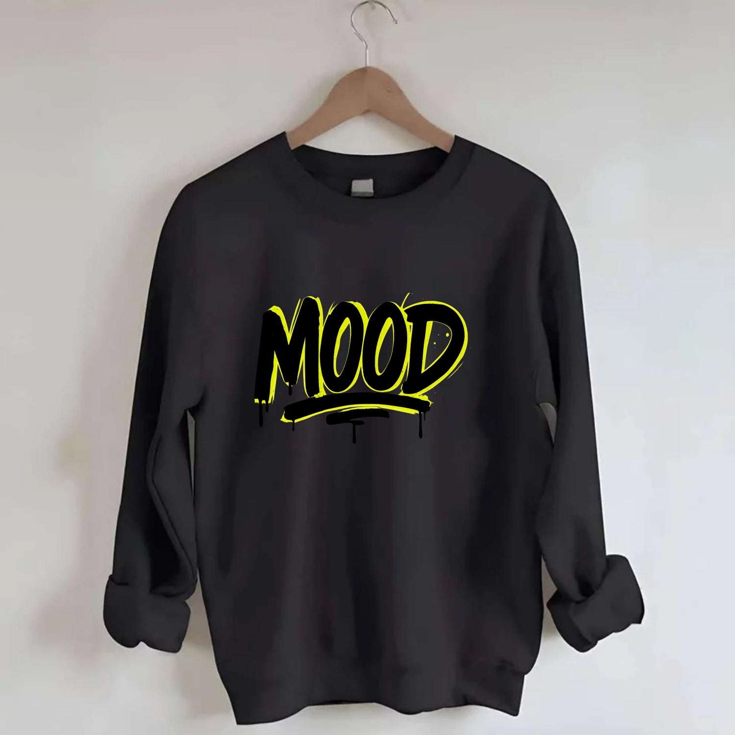 Bold typography design - "MOOD" - current state, feeling it - Crewneck Sweatshirt - black