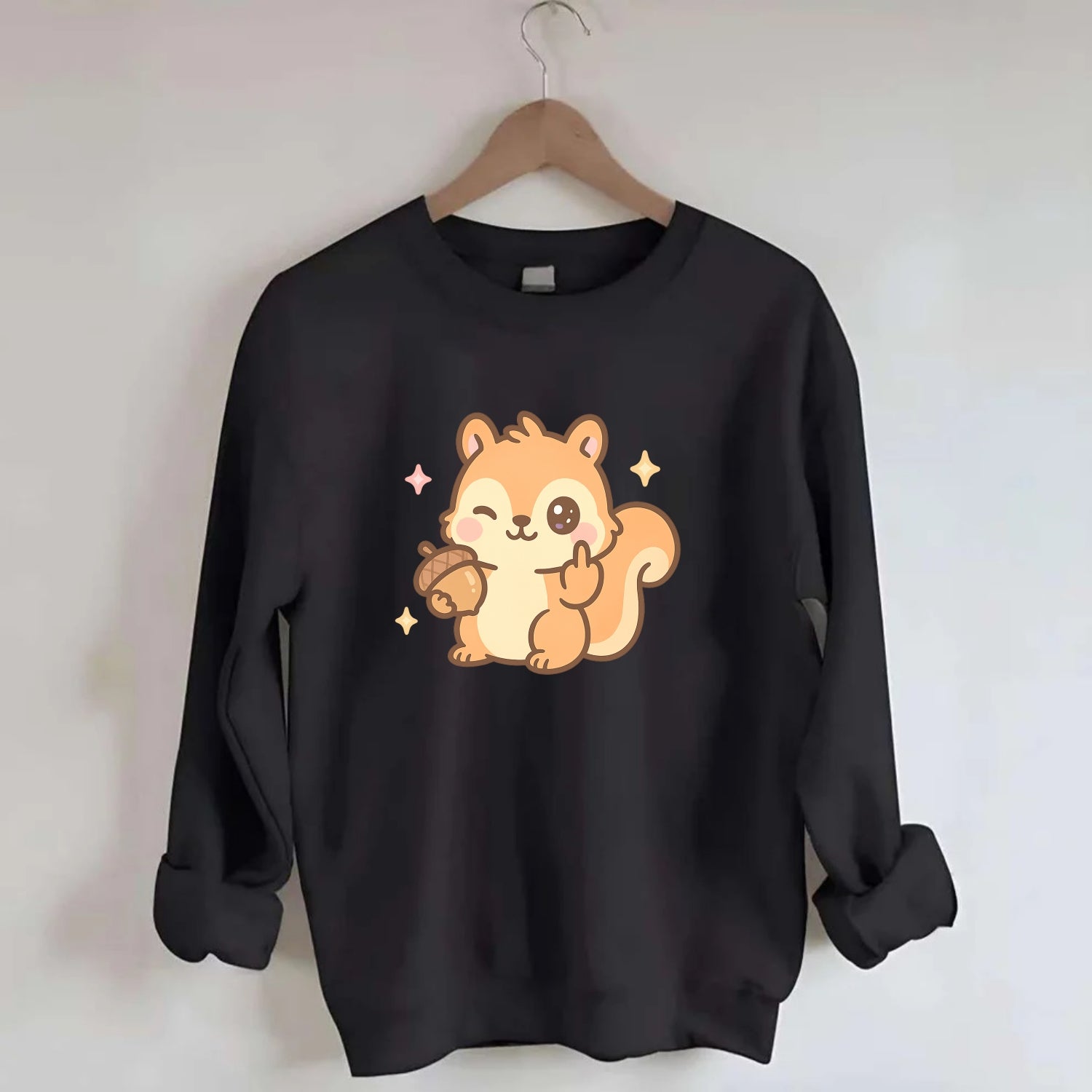 sweet squirrel holding acorn in one paw, flipping off with the other - Crewneck Sweatshirt - black