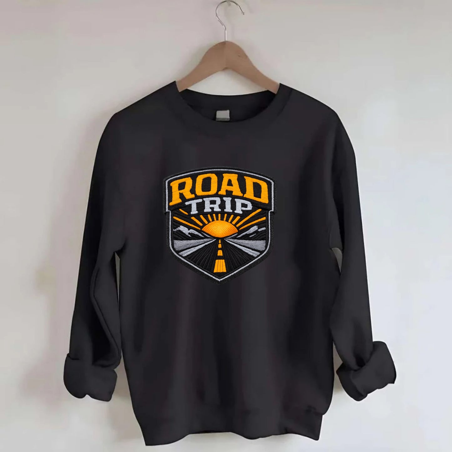ROAD TRIP - highway and sun in orange and gray , open road - Crewneck Sweatshirt - black